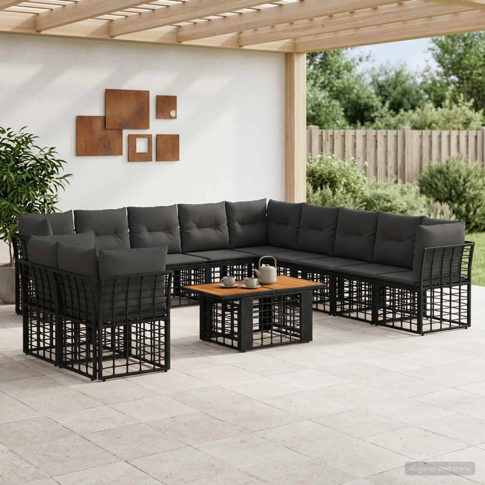 Außenterrasse mit schwarzem Polyrattan-Ecksofa und Couchtisch unter einer Pergola, mit weißen Kissen und einem Hinterhofzaun im Hintergrund.