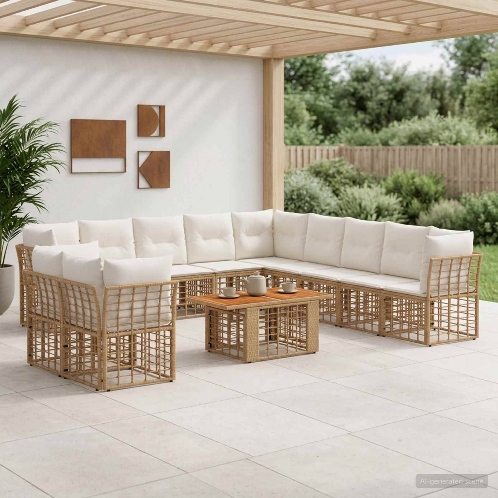 Ein Außen-Sitzbereich mit einer leichten Korbgeflecht-L-förmigen Sectional, passenden Sesseln, einem niedrigen Couchtisch und weißen Kissen unter einer Holz-Pergola.