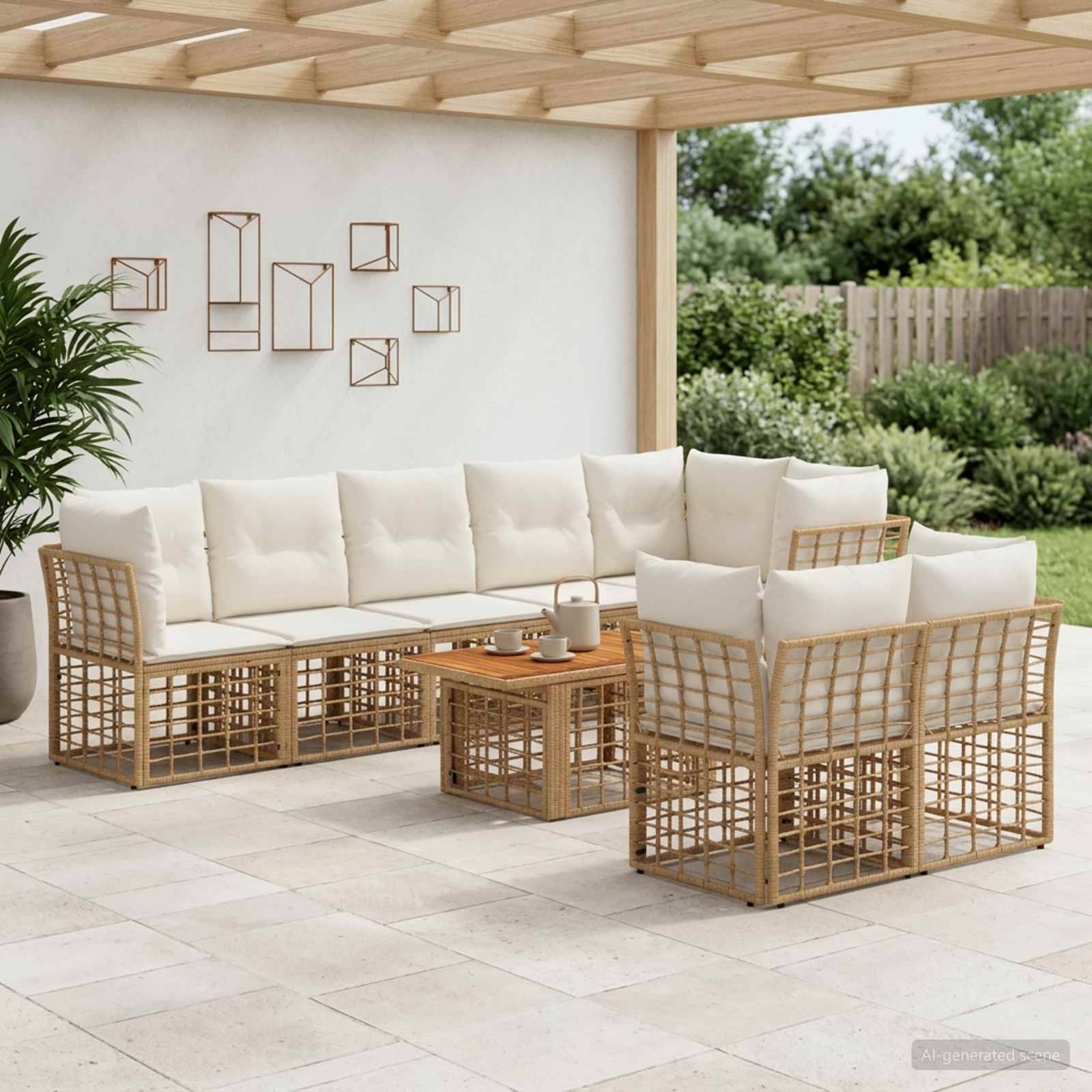 Außenbereich-Sitzmöbel mit cremefarbenen Kissen und geflochtenen Holzoptik-Rahmen unter einer Pergola, angeordnet um einen quadratischen Couchtisch.