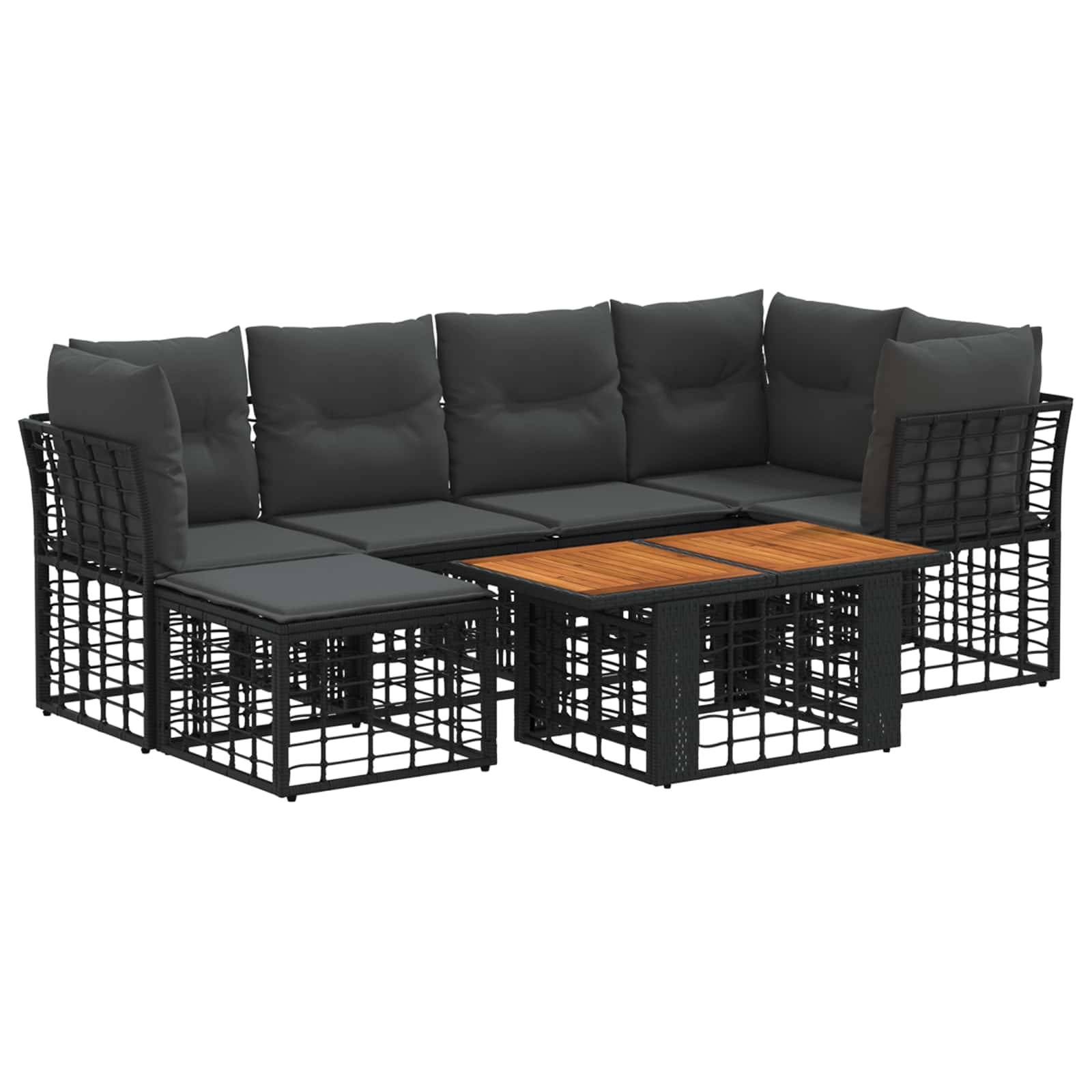 Outdoor-Modulsofa mit schwarzem gewebtem Rahmen, grauen Kissen und kleinem Couchtisch mit Holzplatte