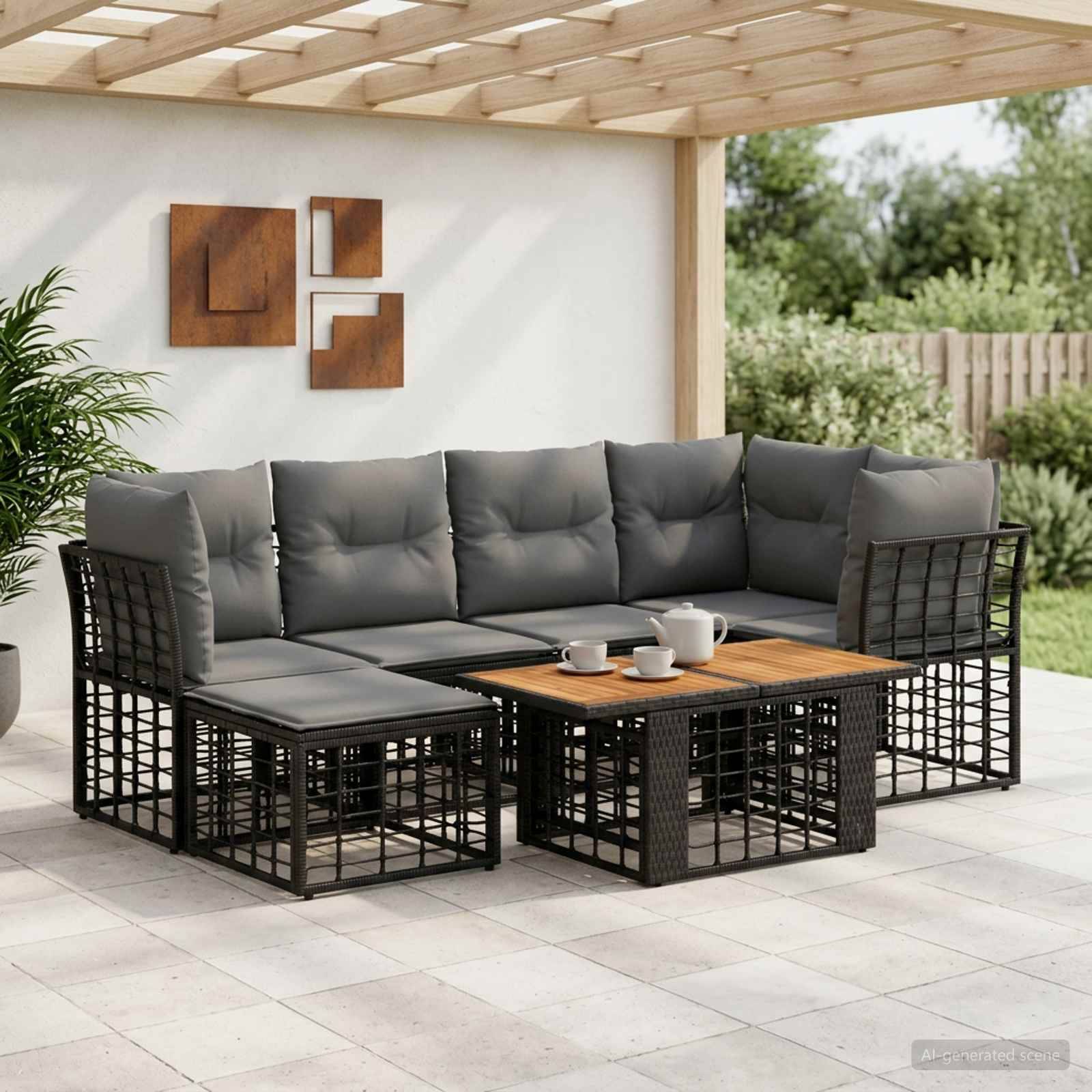 Outdoor-Sitzgarnitur mit schwarzem Metallrahmen, grauen Kissen, passendem Couchtisch und Tassen unter einer Holzpergola.