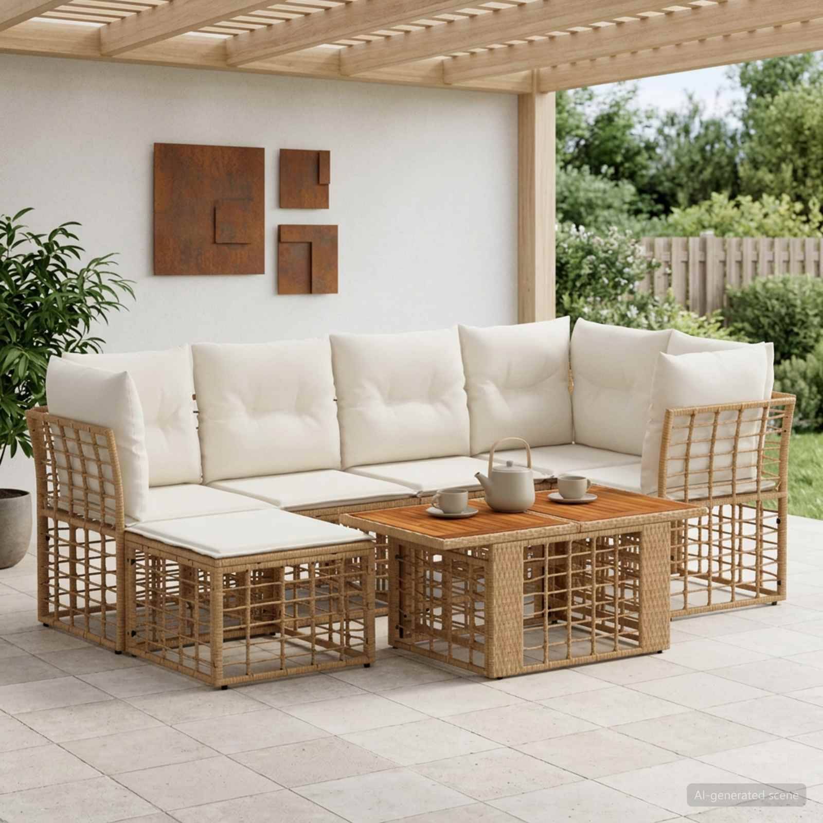 Veranda im Freien mit einem Korbsektionalsofa und passendem Couchtisch, gestaltet mit Kissen und einem Teeservice unter einer Lamellenpergola.