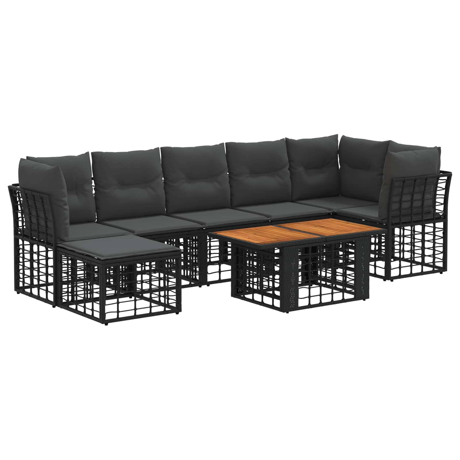 Schwarzes Flechtwerk-Außensofa-Set mit grauen Kissen und einem kleinen hölzernen Couchtisch auf weißem Hintergrund.