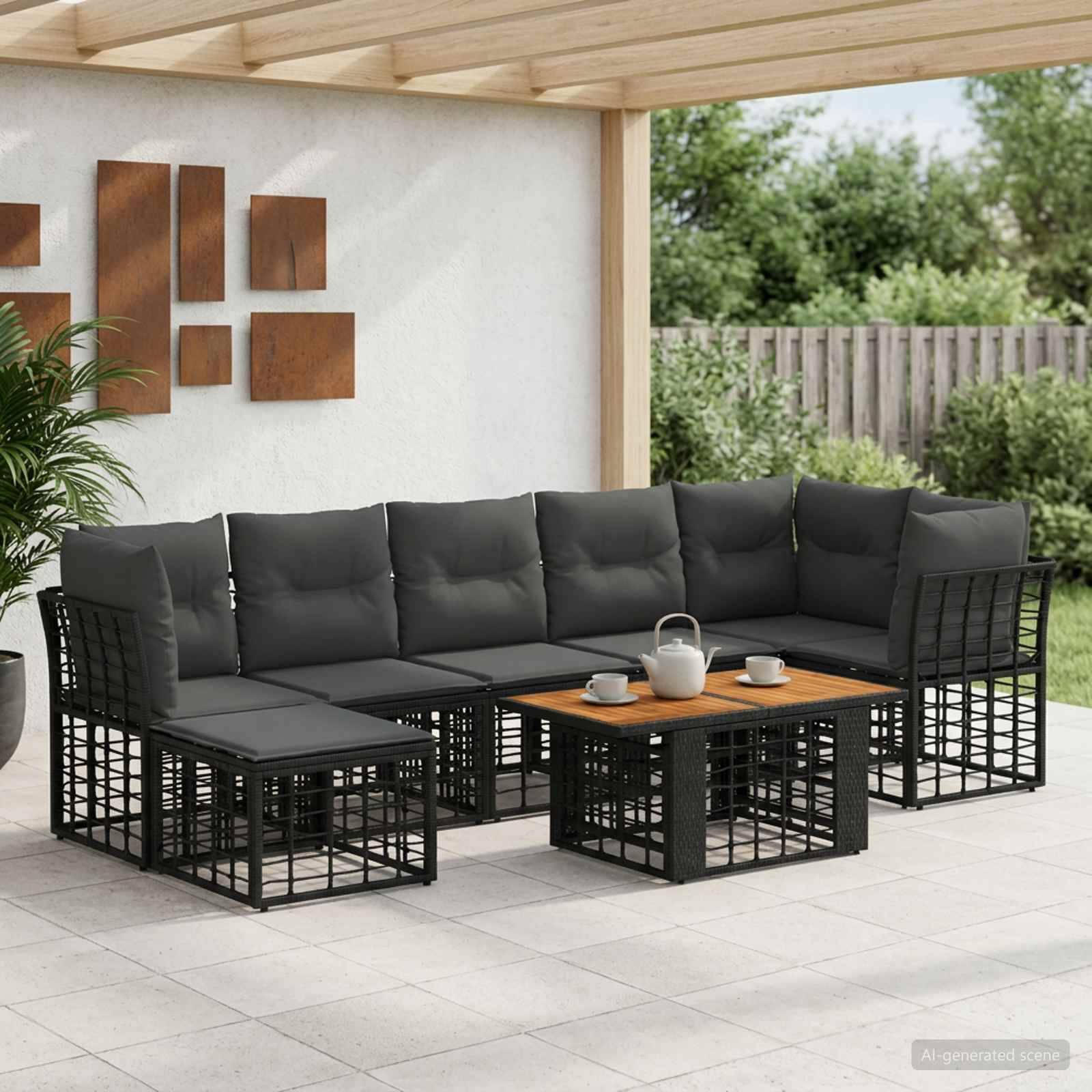 Outdoor-Patio-Lounge-Set mit dunklen Kissen und Lattice-Rahmen, angeordnet um einen Holz-Couchtisch auf einer überdachten Terrasse.