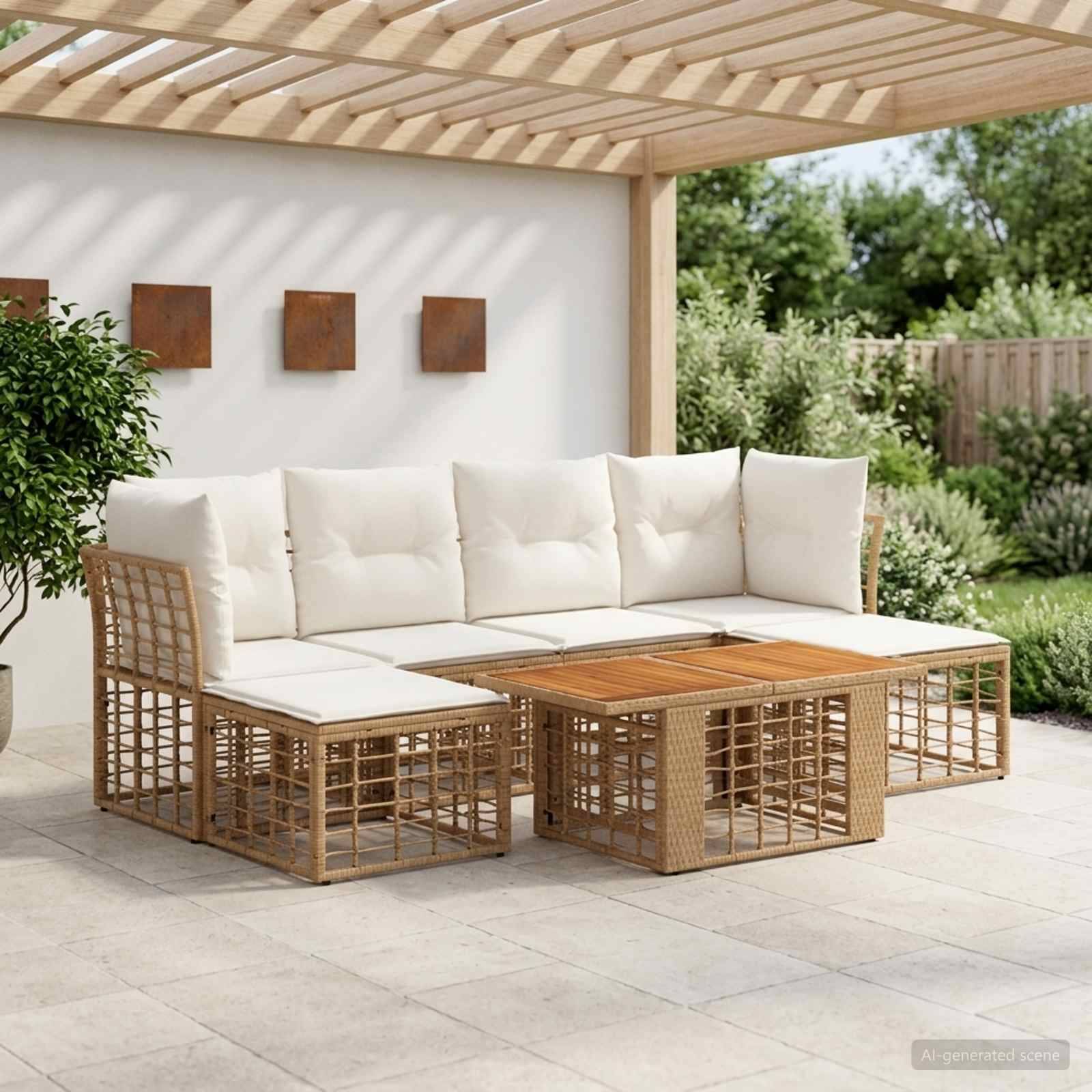 Gartensektional-Sofa im Freien mit cremefarbenen Kissen und geflochtenem Holzrahmen, angeordnet um einen passenden Couchtisch unter einer Pergola.