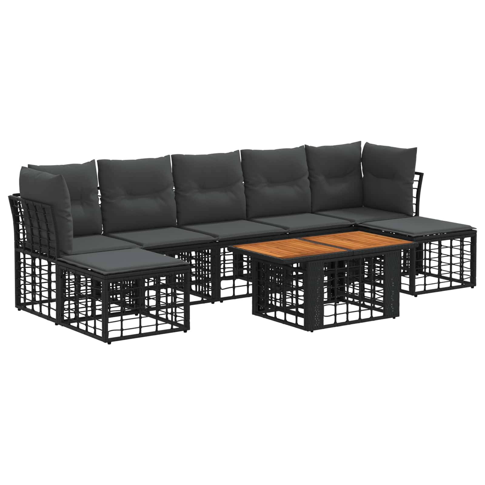 Modulares Outdoor-Patio-Sofaset mit schwarzem Metallrahmen, grauen Kissen und einem kleinen Couchtisch mit Holzplatte auf weißem Hintergrund.
