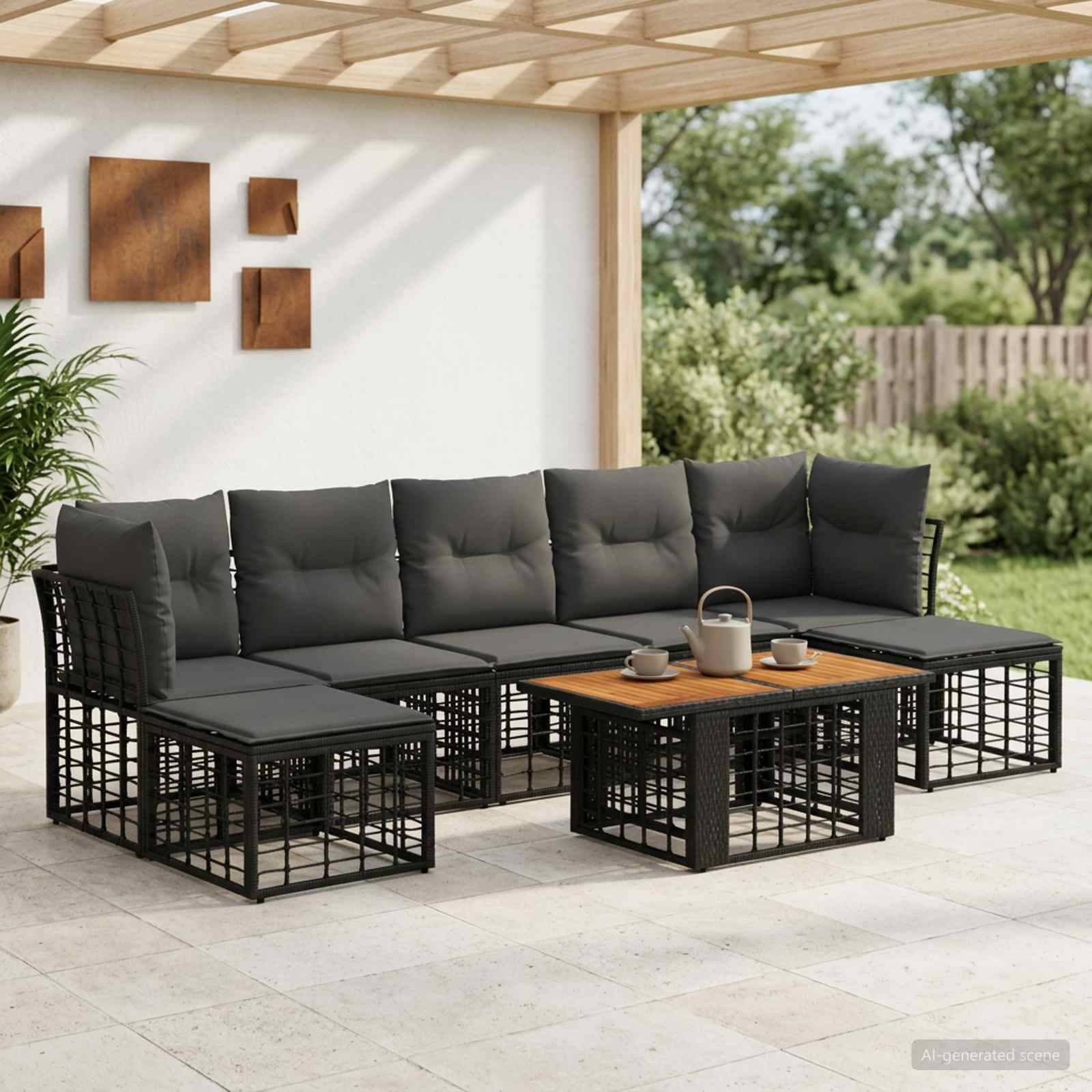 Outdoor-Terrassensektionalsofa mit dunkelgrauen Kissen, schwarzem Metallrahmen und Holzplattencouchtisch unter einer überdachten Pergola.