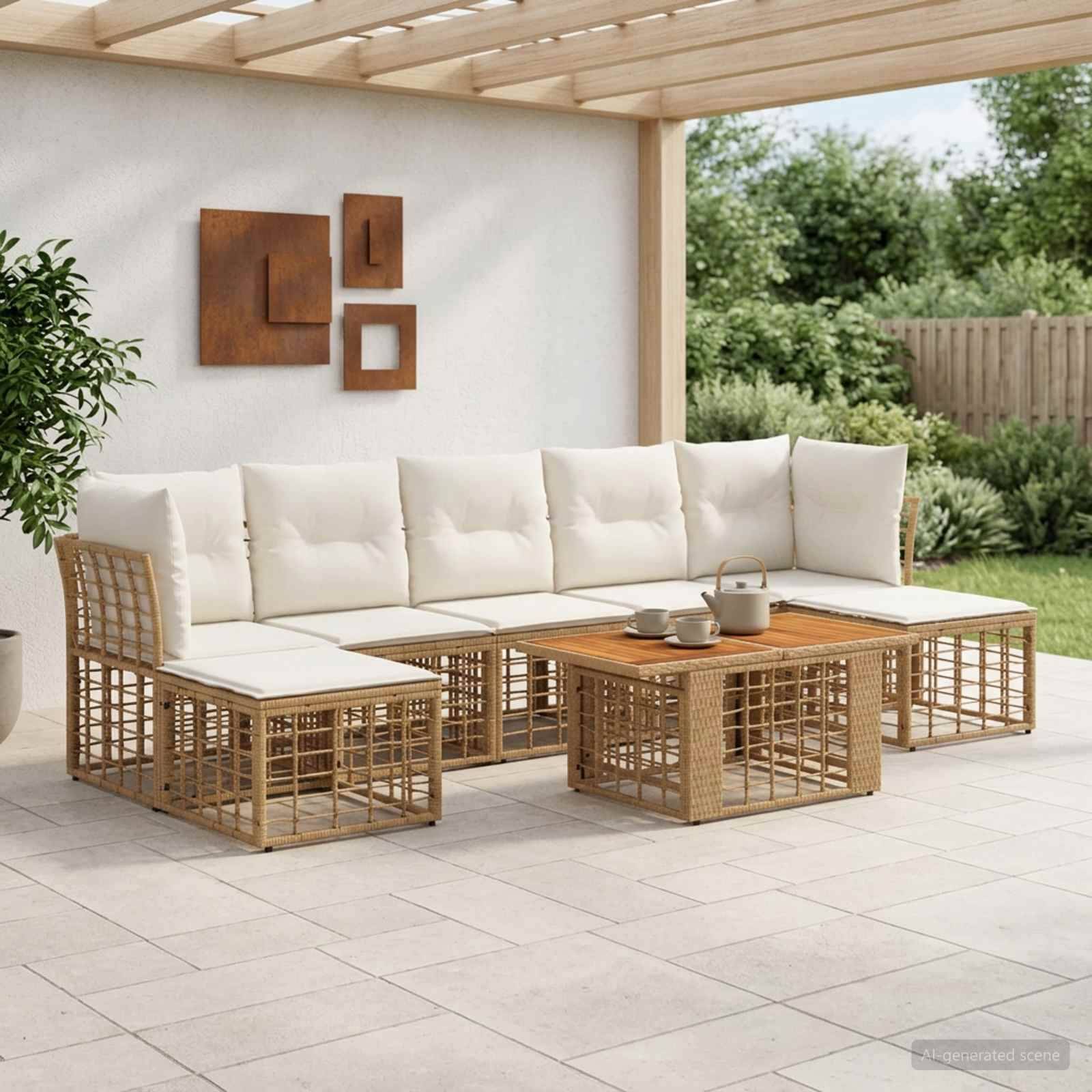 Outdoor-Terrassenelement mit cremefarbenen Kissen, Korbgeflecht-Rahmen und passendem Couchtisch auf einer gefliesten Terrasse neben einem Garten.