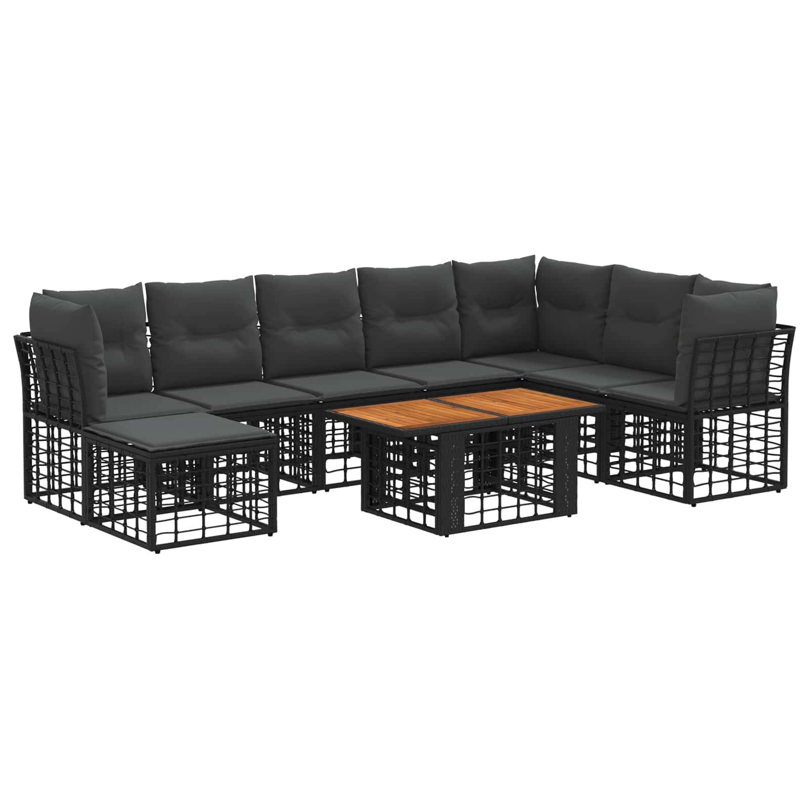 Schwarze Rattan-Gartensektionalcouch mit grauen Kissen und einem kleinen Couchtisch mit Holzoberfläche