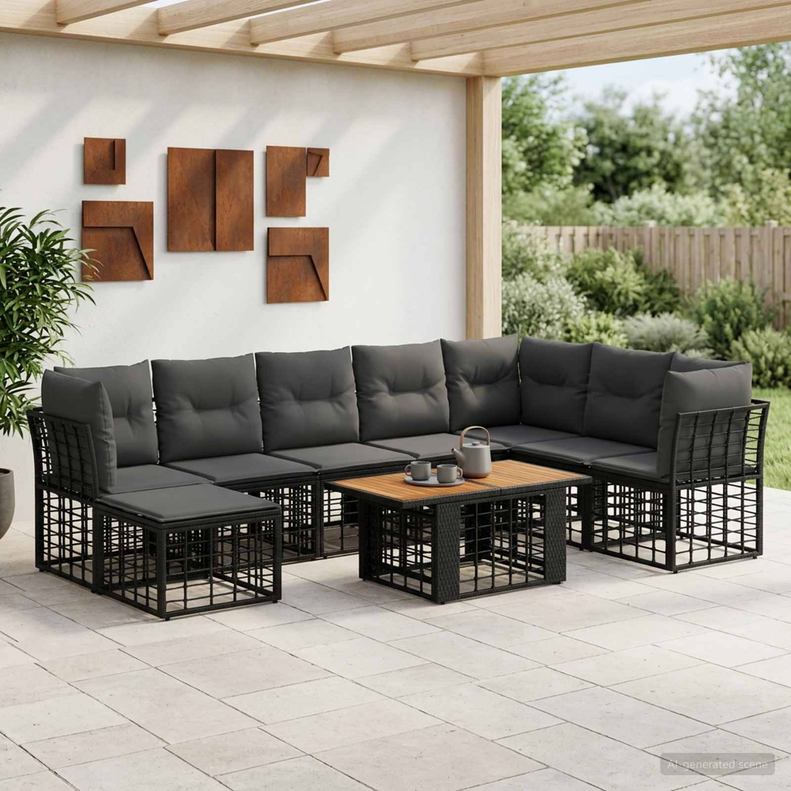 Outdoor-Lounge-Sektional-Sofagarnitur mit dunklen Polstern, Drahtgestellen und einem Holz-Couchtisch unter einer überdachten Pergola.