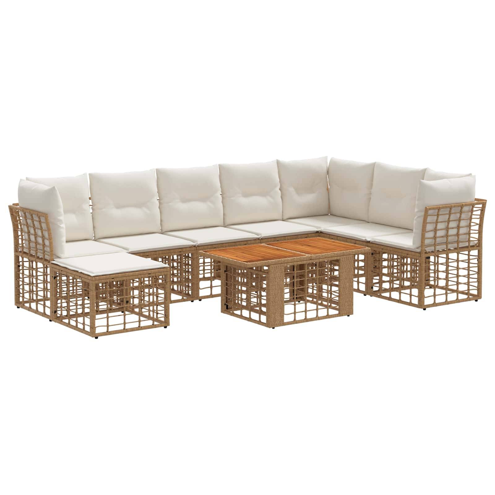 Modulares Outdoor-Sofaset mit weißen Kissen, Rattan-Stil-Rahmen und passendem Couchtisch
