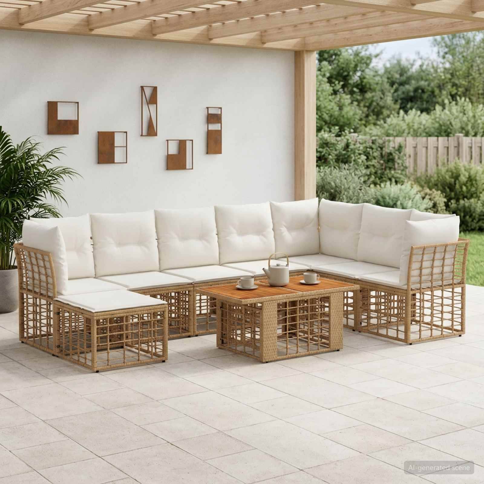 Terrassensektionelles Loungemöbel-Set mit weißen Kissen und Rattanrahmen um einen hölzernen Couchtisch unter einer überdachten Außenlaube.