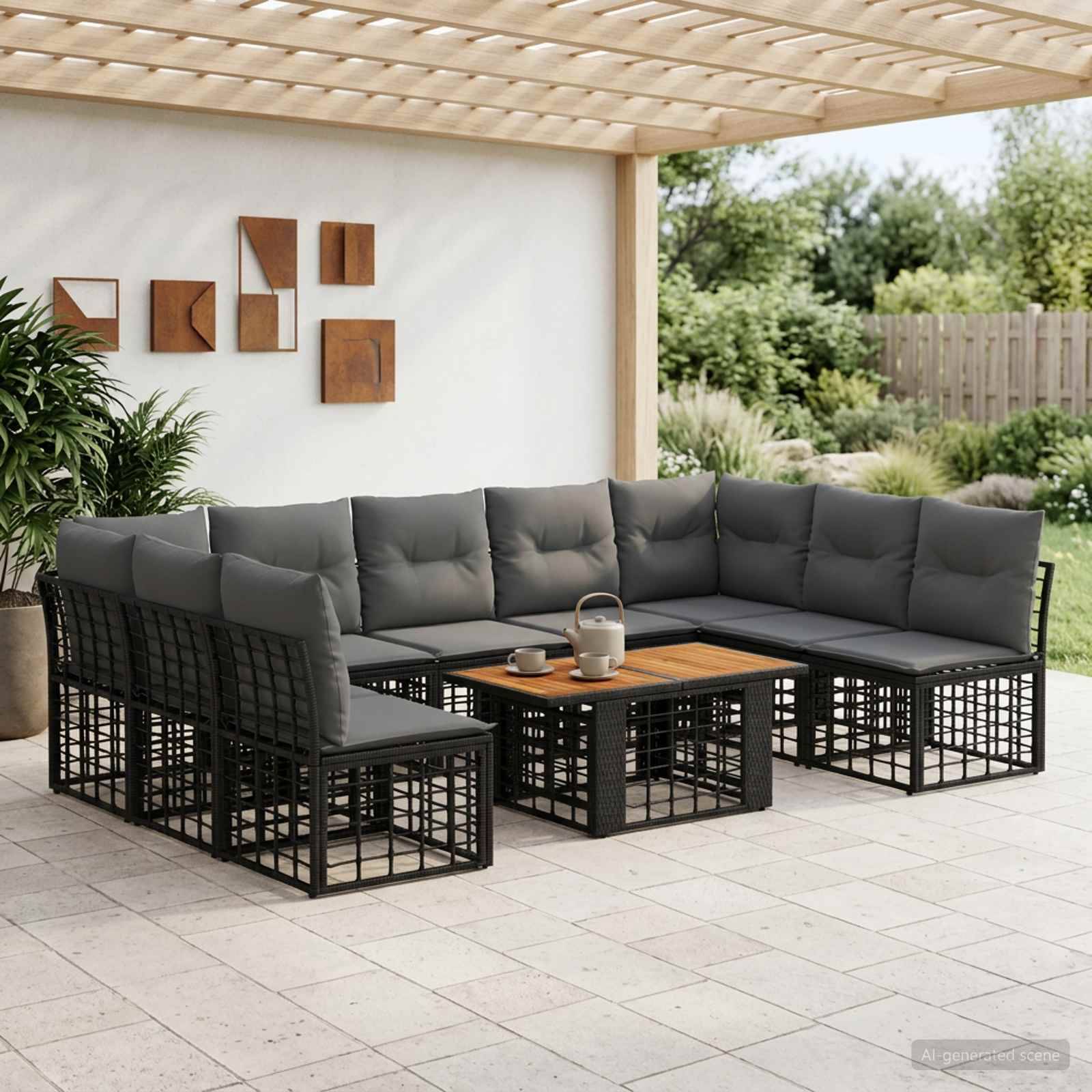 Außenterrasse mit einem dunkelgrauen L-förmigen Sectional-Sofa um einen Couchtisch mit Holzplatte unter einer Pergola, gezeigt in einem landschaftlich gestalteten Hinterhof.