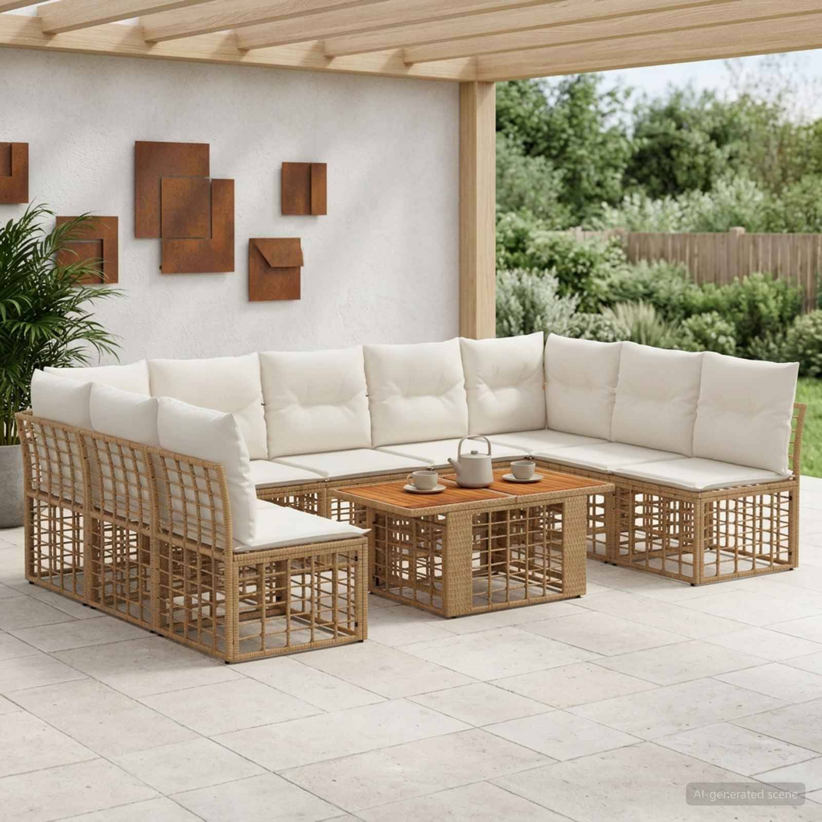 Gartenmöbel-Set für die Terrasse mit cremefarbenen Kissen, Rattanrahmen-Eckgruppe und passendem Couchtisch unter einer Holzpergola.