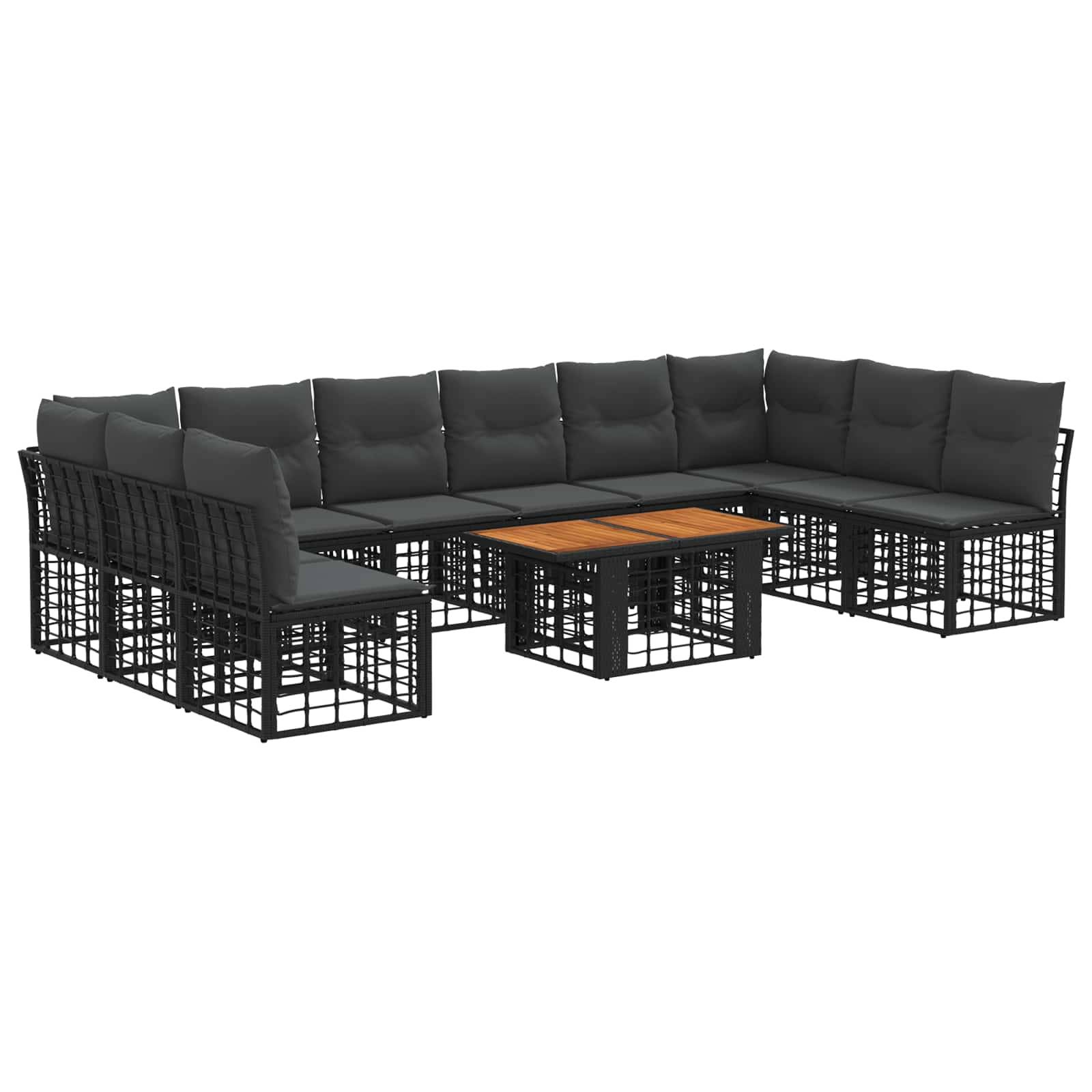 Schwarzes modulares Outdoor-Ecksofa mit grauen Kissen und einem kleinen Couchtisch mit Holzplatte auf weißem Hintergrund.