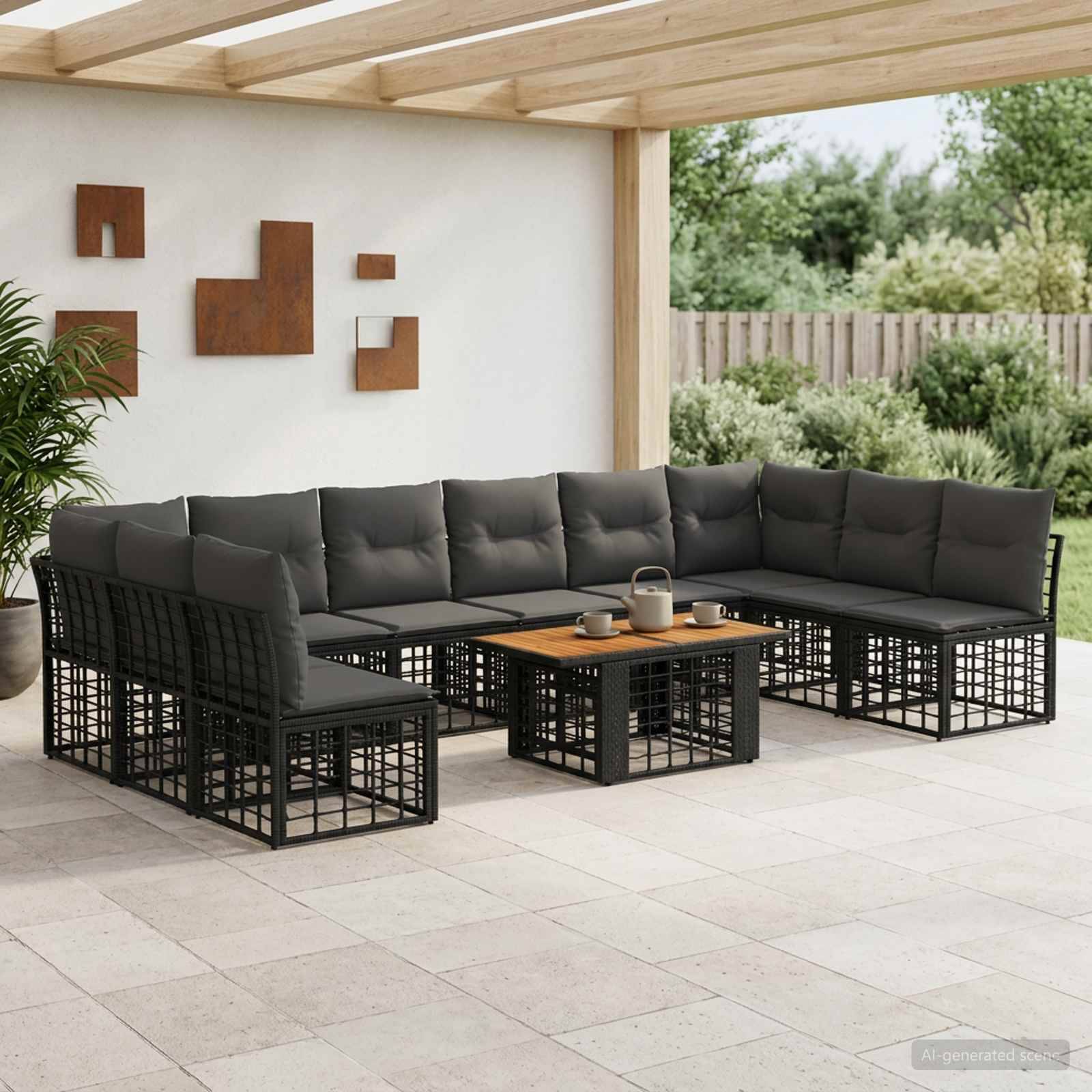 Außenbereich einer Terrasse mit dunkelgrauem Ecksofa und Couchtisch unter einer hölzernen Pergola, vor einem Garten und einem Zaun.