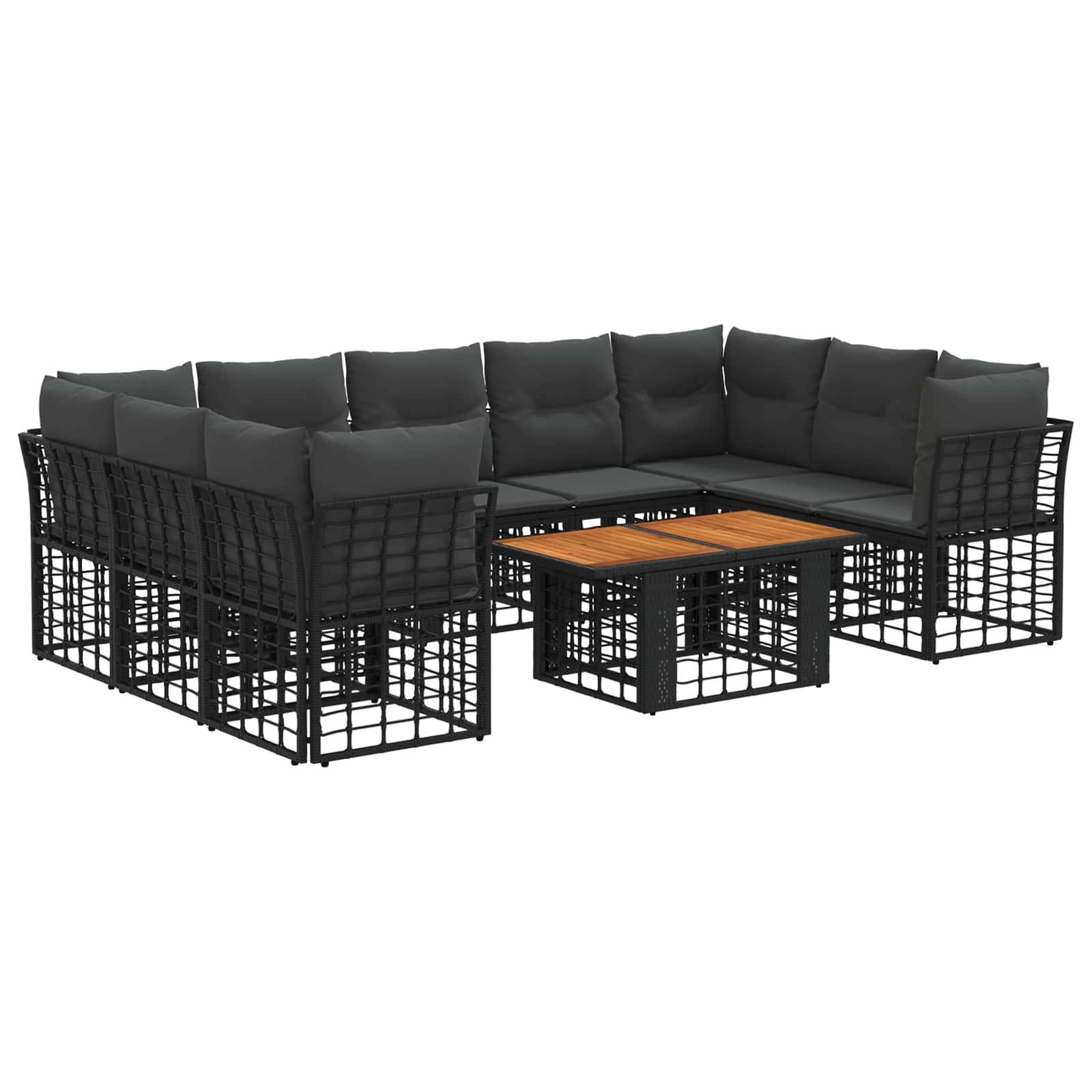 Schwarzes Outdoor-Ecksofa-Set mit Kissen und Holz-Couchtisch, auf weißem Hintergrund dargestellt.