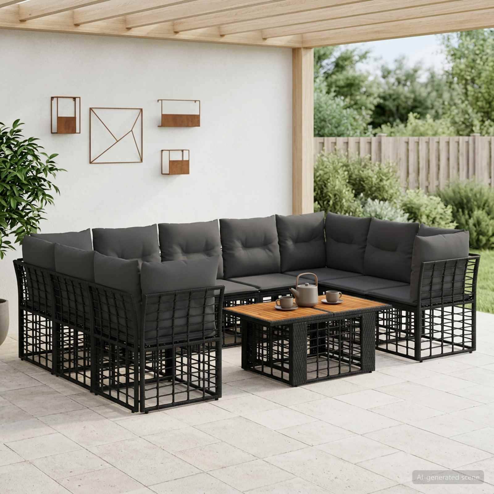 Schwarzes L-förmiges Außen-Ecksofa mit grauen Kissen und Couchtisch auf einer Terrasse unter einer überdachten Pergola.