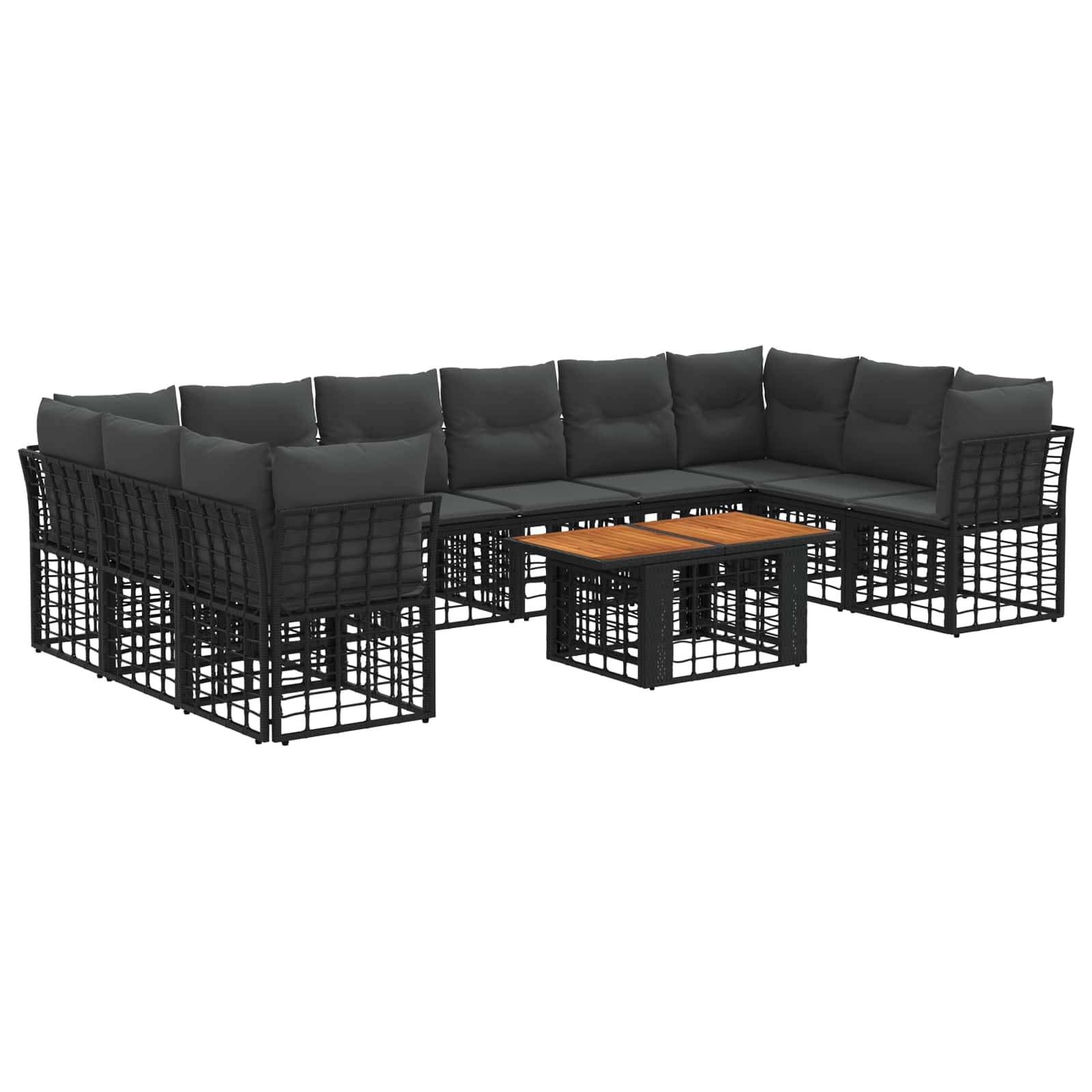 Schwarzes modulares Outdoor-Sofa mit gepolsterten Sitzen und einem kleinen hölzernen Couchtisch auf weißem Hintergrund.