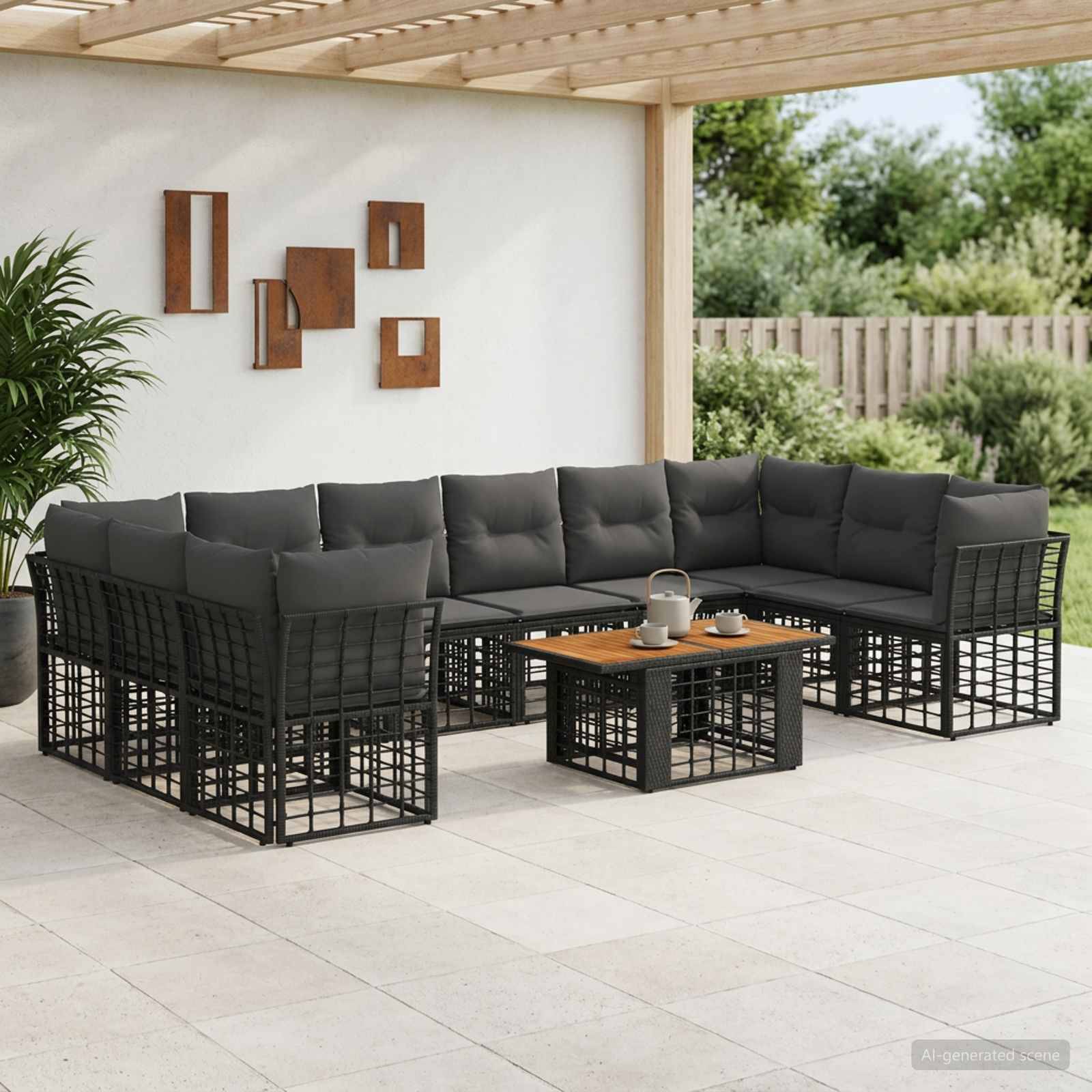 Modernes Außenbereich-Sitzmöbel-Set mit einem schwarzen modularen Ecksofa, grauen Kissen und einem passenden Couchtisch auf einer überdachten Terrasse.