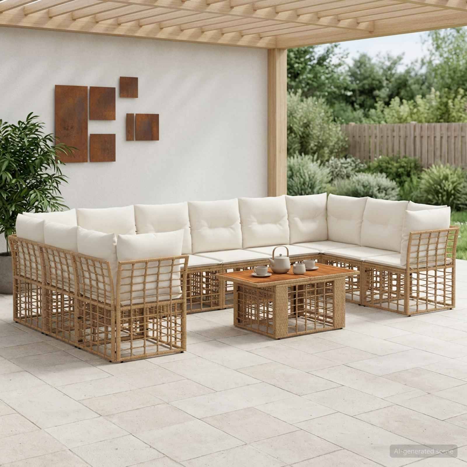 Outdoor-Terrasse mit L-förmigem Rattan-Ecksofa und Couchtisch unter einer Holzpergola, neben einer Gartenmauer gelegen.