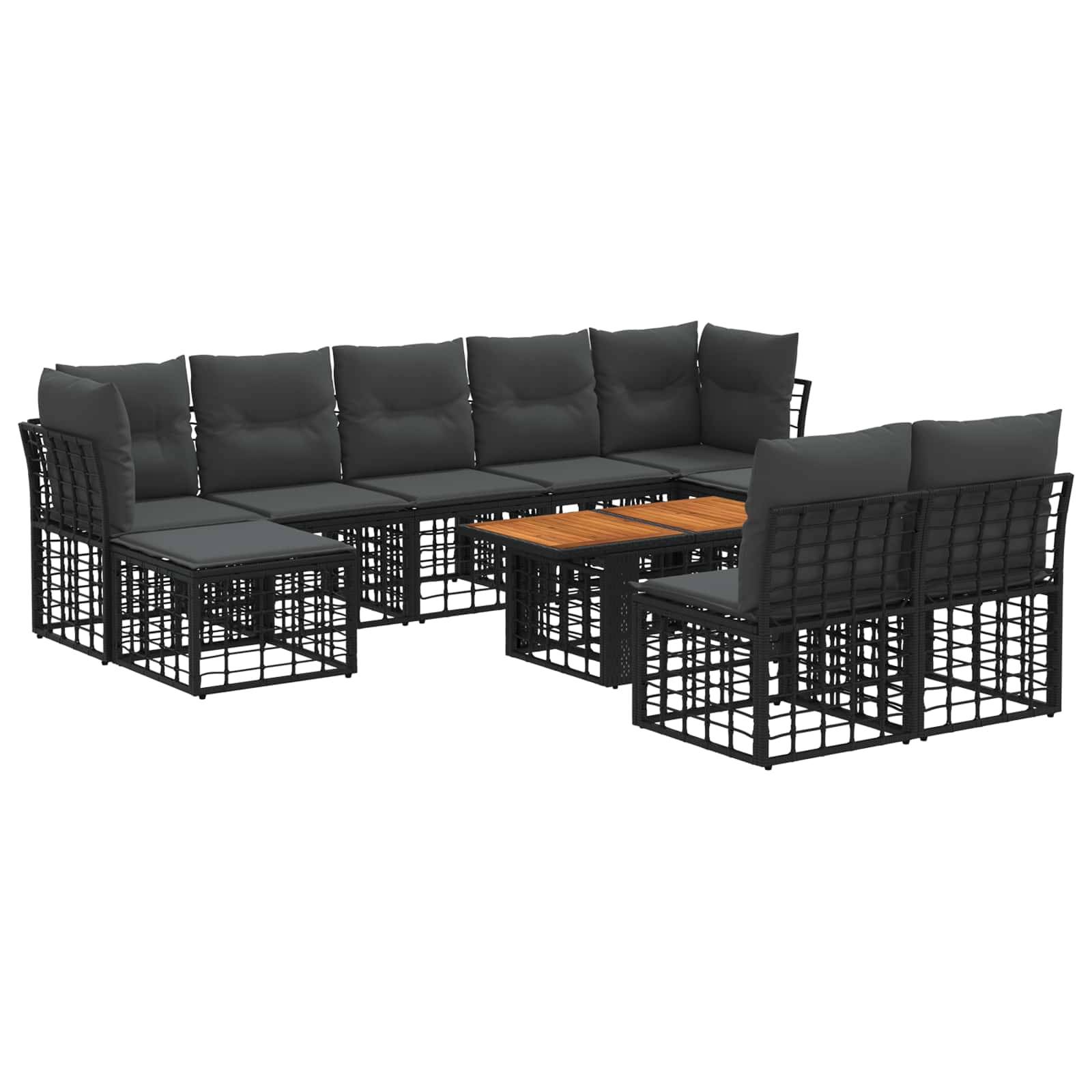 Schwarze Outdoor-Sectional-Gartensitzgruppe mit gepolstertem Sofa, zwei Sesseln und einem Couchtisch mit Holzplatte auf weißem Hintergrund.