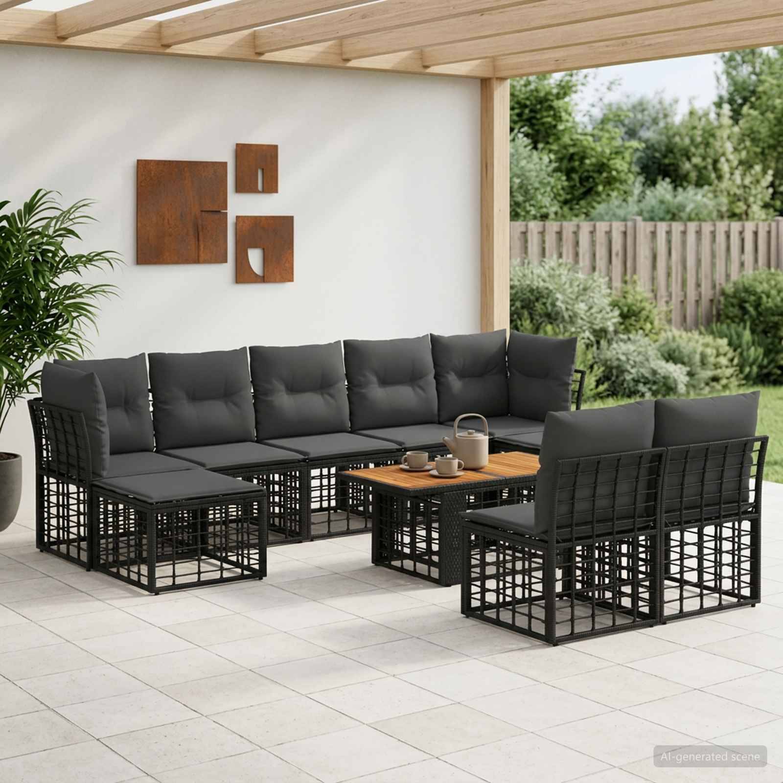 Gartensitzgruppe im Freien mit schwarzem Metallrahmen-Sofa, Sesseln und Couchtisch unter einer überdachten Pergola