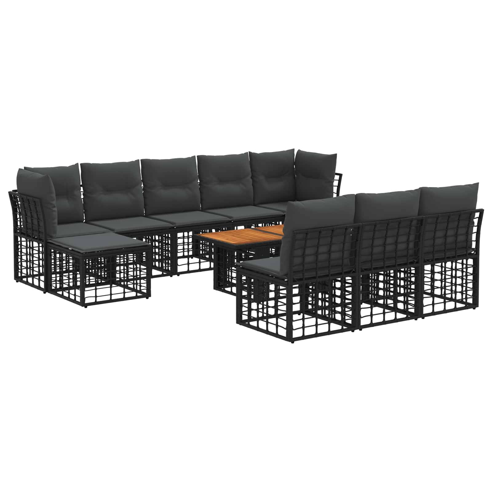 Schwarzes modulares Außenbereichs-Sitzelement mit gepolsterten Sitzen, passenden Stühlen und einem kleinen Couchtisch mit Holzplatte auf weißem Hintergrund.