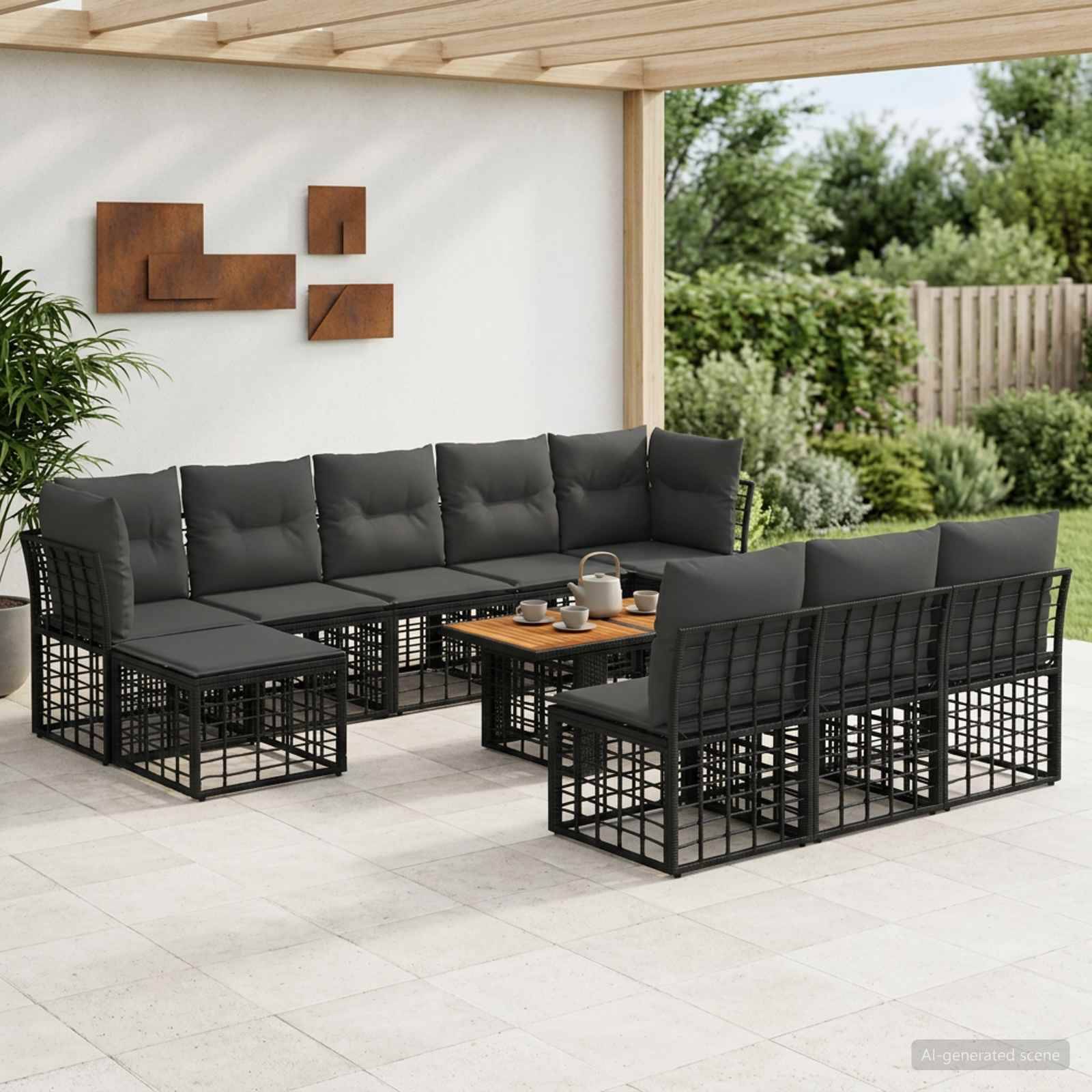 Outdoor-Terrassenmöbel-Set mit schwarzen Metallrahmen-Sofas und Tisch, grauen Kissen und einer Holztischplatte unter einer überdachten Terrasse.