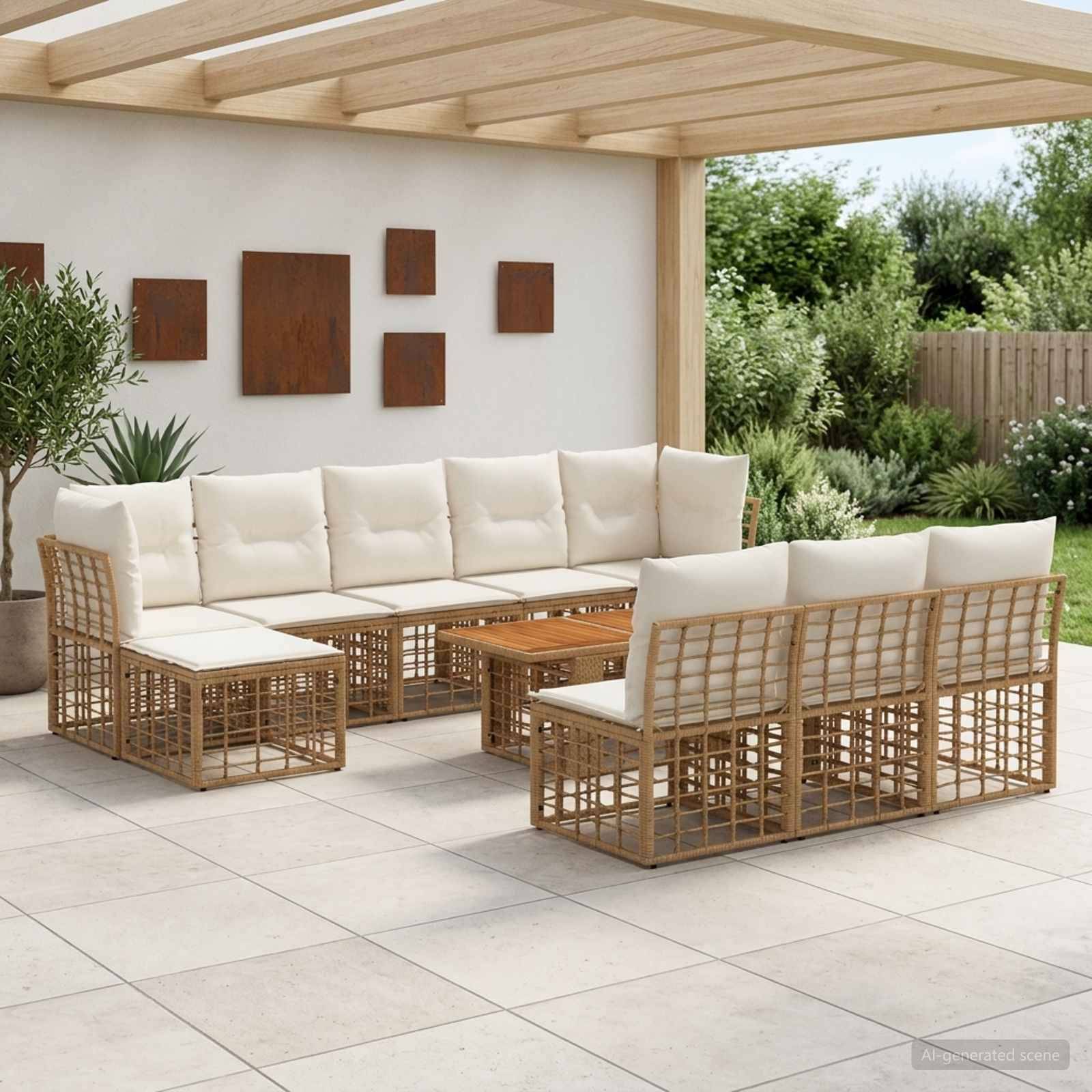 Terrassen-Sitzmöbelset mit cremefarbenen Kissen und geflochtenen Holzoptik-Rahmen unter einer Pergola, angeordnet um einen kleinen Tisch in einer landschaftlich gestalteten Außenanlage.
