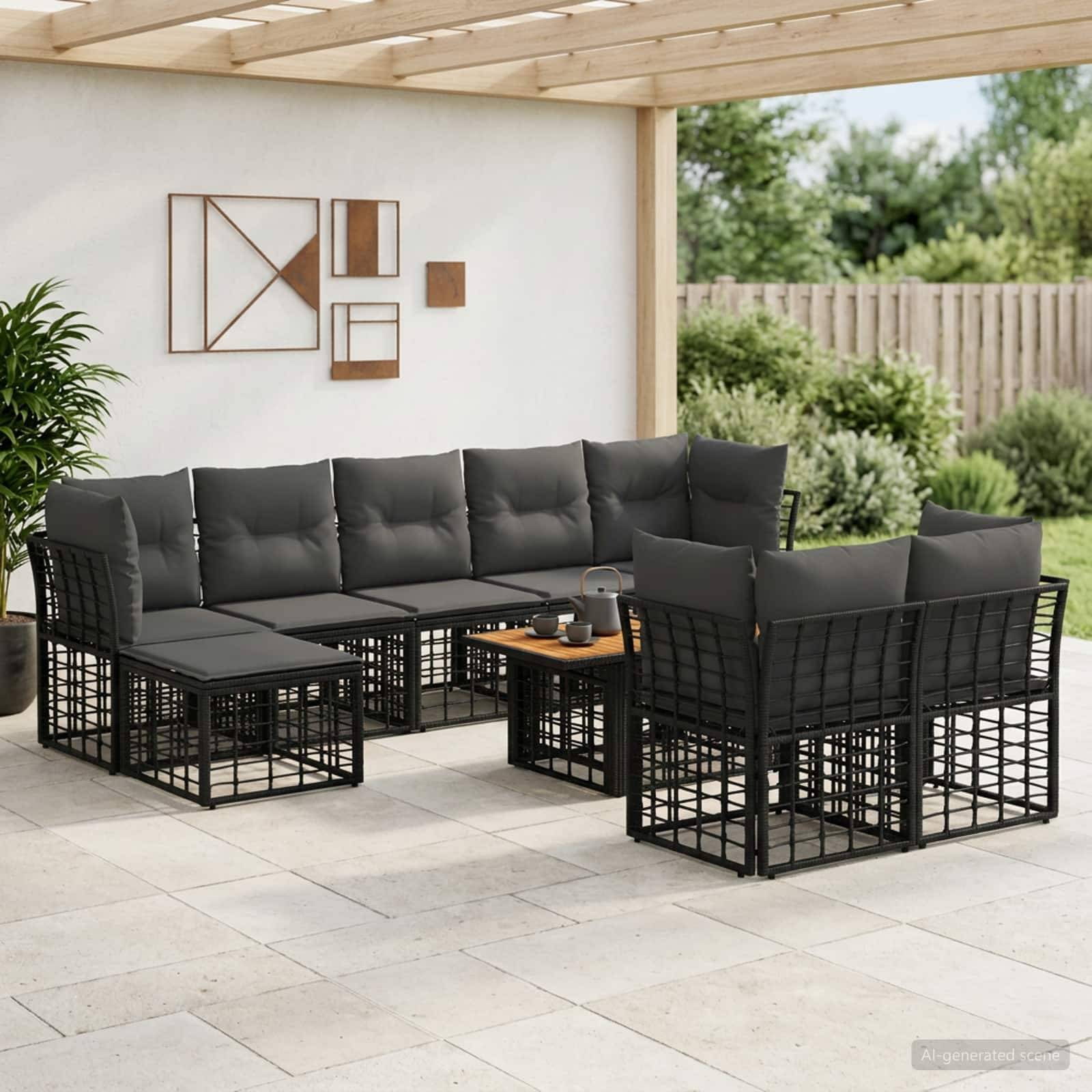 Gartenplatz-Sitzmöbel-Set mit schwarzen Metallrahmen-Ecksofa, dunklen Kissen und einem kleinen Couchtisch unter einer überdachten Terrasse.