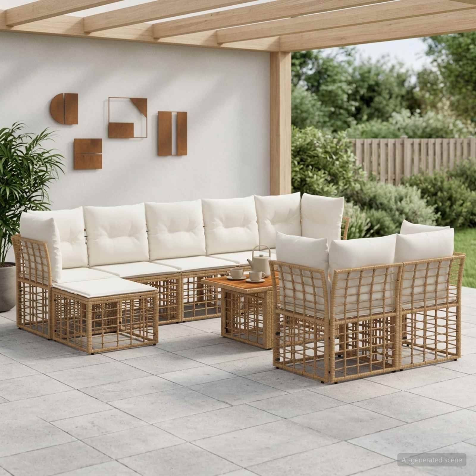 Outdoor-Terrassensitzgruppe mit cremefarbenen Kissen, geflochtenen Rattanstil-Sesseln in Sectional-Ausführung und passendem Couchtisch unter einer Pergola.