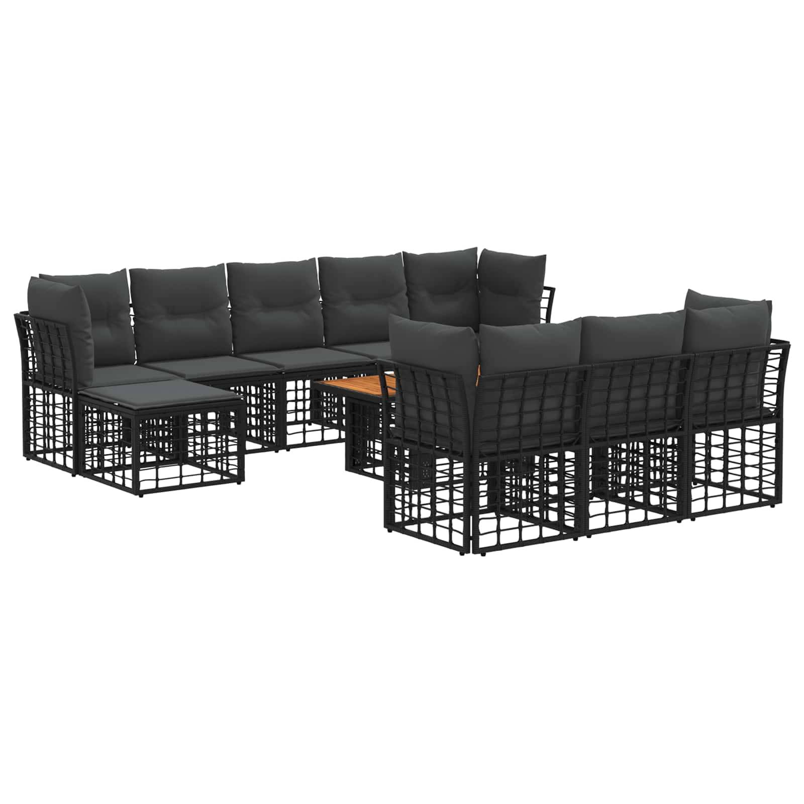 Schwarze modulare Gartensessel-Set mit gepolsterten Sitzen und gewebtem Metallrahmen, gezeigt auf weißem Hintergrund.