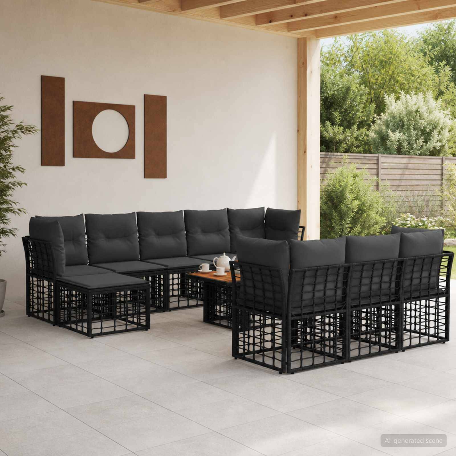Überdachte Terrasse mit schwarzem modularem Ecksofa und Stühlen um einen niedrigen Tisch unter einer überdachten Pergola mit Gartenblick.