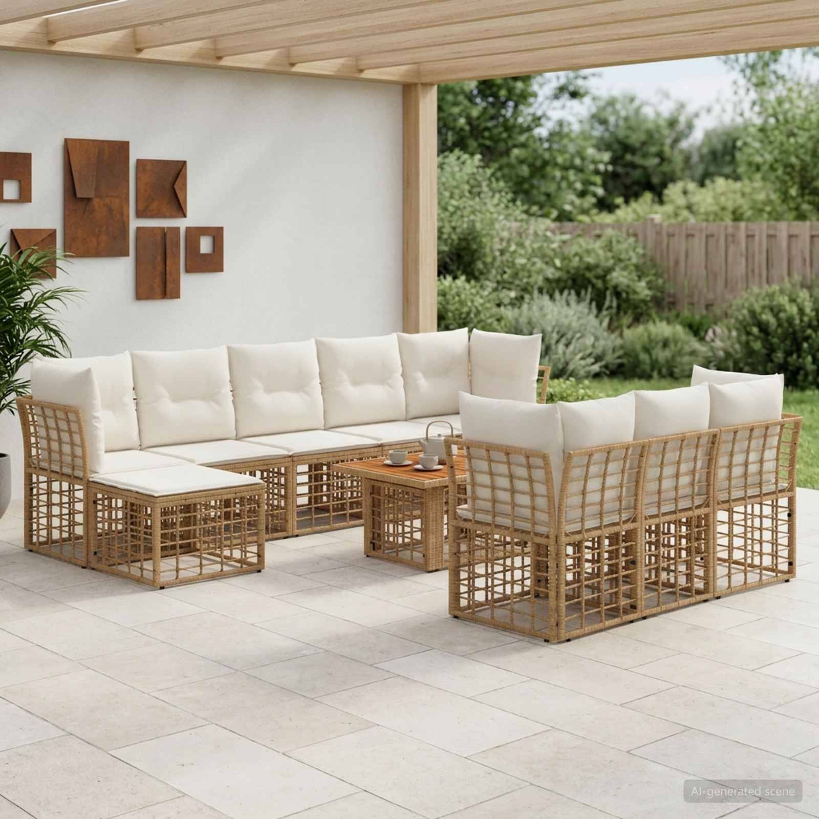 Outdoor-Sitzmöbel-Set mit cremefarbenen Kissen und geflochtenen Rattanrahmen, die um einen niedrigen Tisch unter einer überdachten Terrasse angeordnet sind.