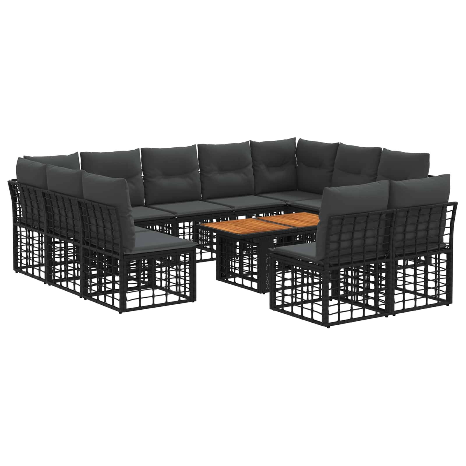 Modulares Outdoor-Ecksofa-Patio-Set mit schwarzen gewebten Rahmen, dunklen Kissen und einem Couchtisch mit Holzplatte.