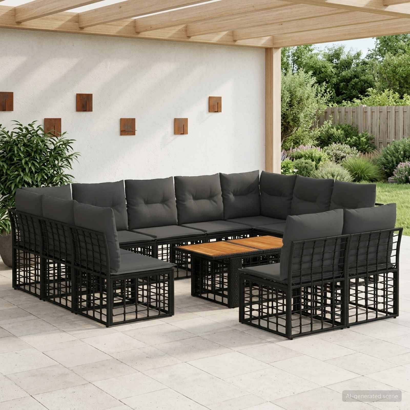 Außenterrassensitzgruppe mit dunkelgrauen gepolsterten modularen Sofas und Sesseln um einen Holz-Couchtisch unter einer Pergola.