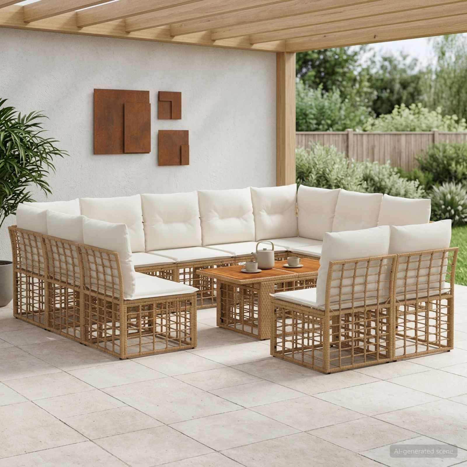 Outdoor-Sitzbereich auf der Terrasse mit cremefarbenen Polster-Rattan-Sitzelementen und passenden Couchtischen unter einem überdachten Dach.