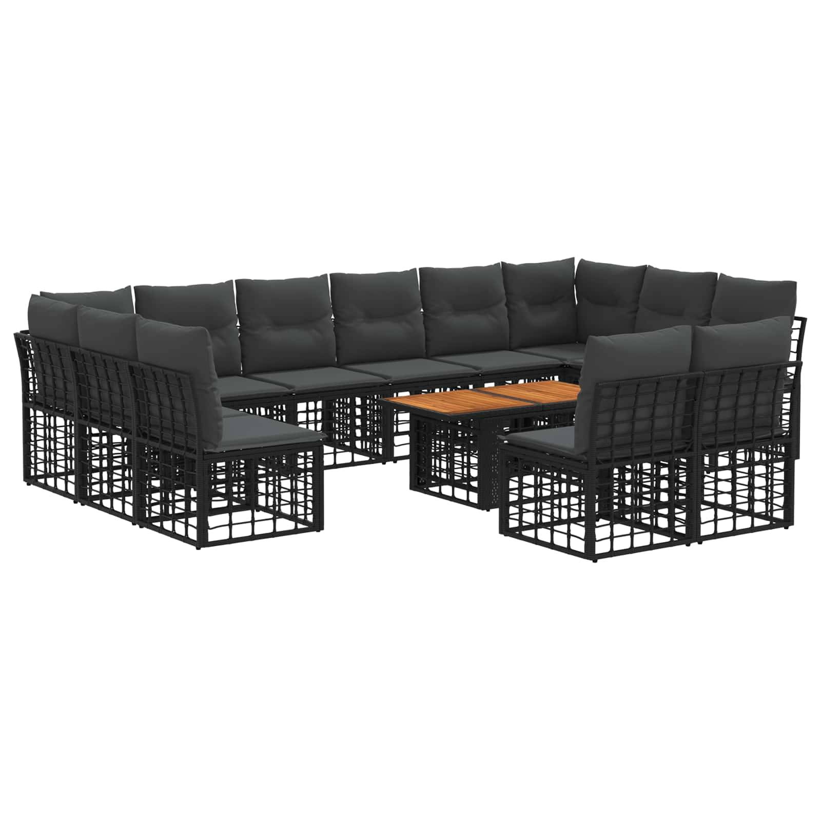 Outdoor-Sitzmöbel-Set mit schwarzen Metallwürfelrahmen-Stühlen und Bänken, dunkelgrauen Kissen und einem kleinen Holzkaffeetisch.