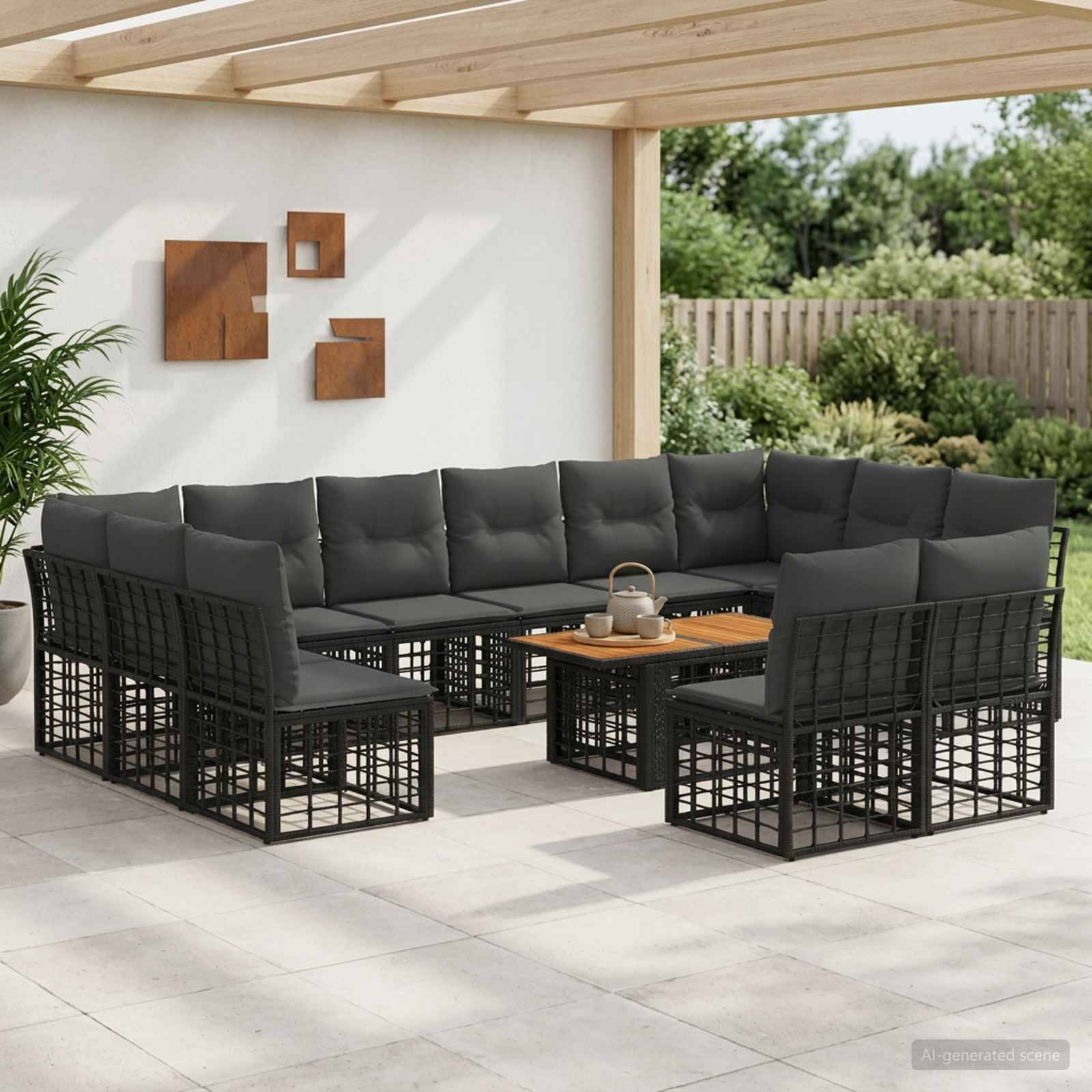 Outdoor-Terrassensofagarnitur mit dunklen Polstern, schwarzen Metallrahmen und einem niedrigen Couchtisch unter einer überdachten Pergola.