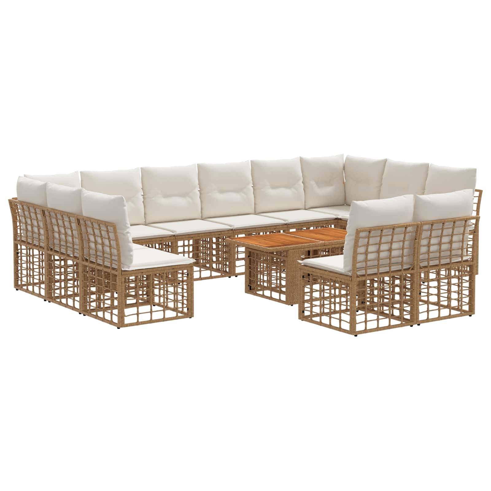 L-förmiges Outdoor-Loungesofa aus Polyrattan mit weißen Kissen und passendem Couchtisch mit Holzplatte auf weißem Hintergrund.