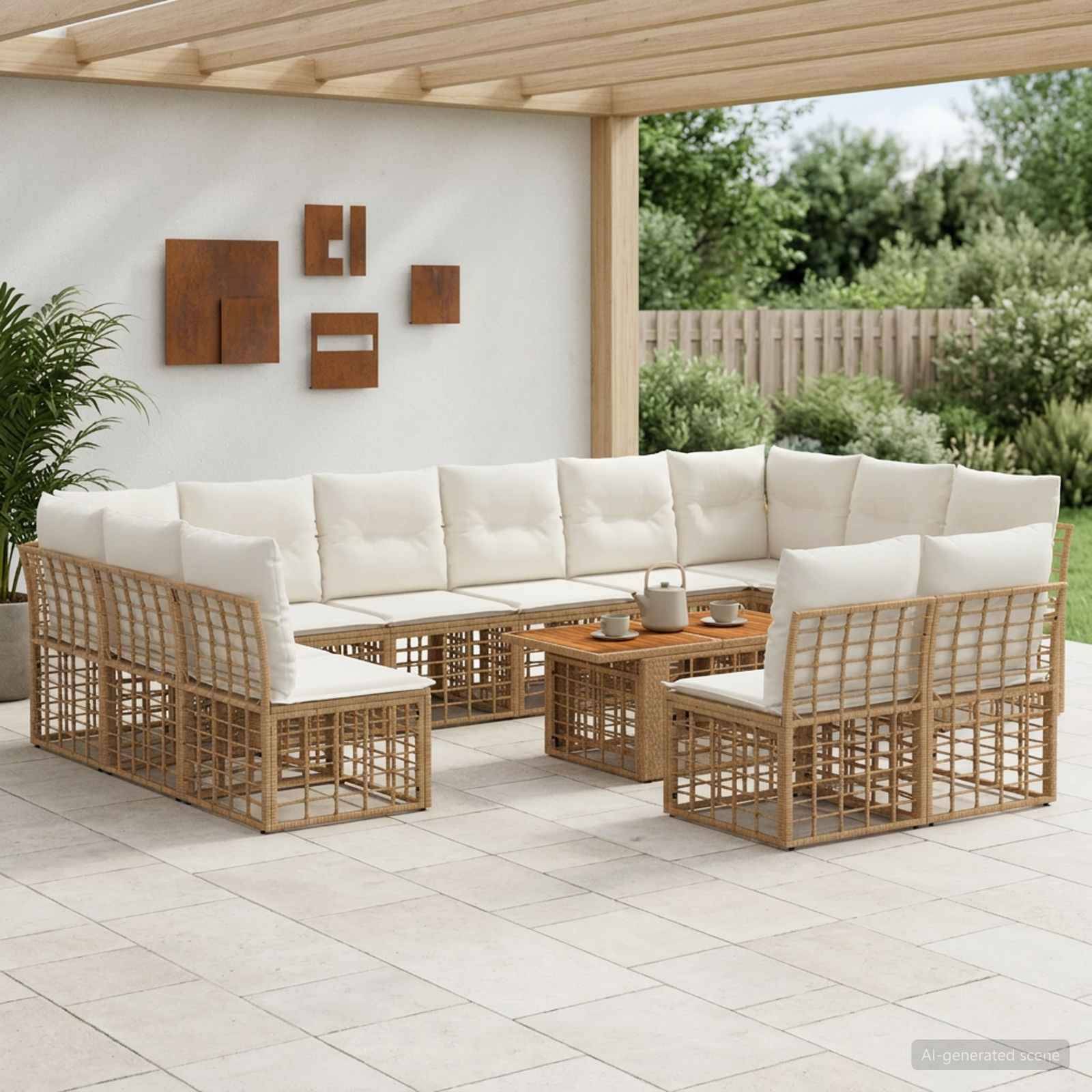 Outdoor-Terrassenmöbel-Set mit weißen Kissen und geflochtenem Rattanstil-Ecksofa, Stühlen und Couchtisch unter einer überdachten Terrasse.