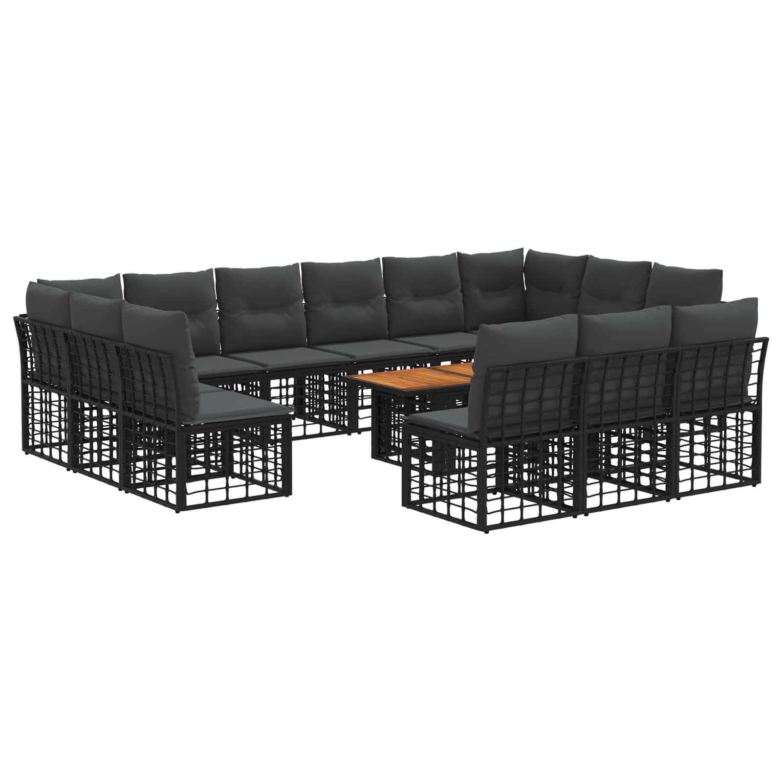 Schwarzes modulares Außen-Ecksofa mit gepolsterten Sitzflächen und einem kleinen Holz-Couchtisch auf weißem Hintergrund.
