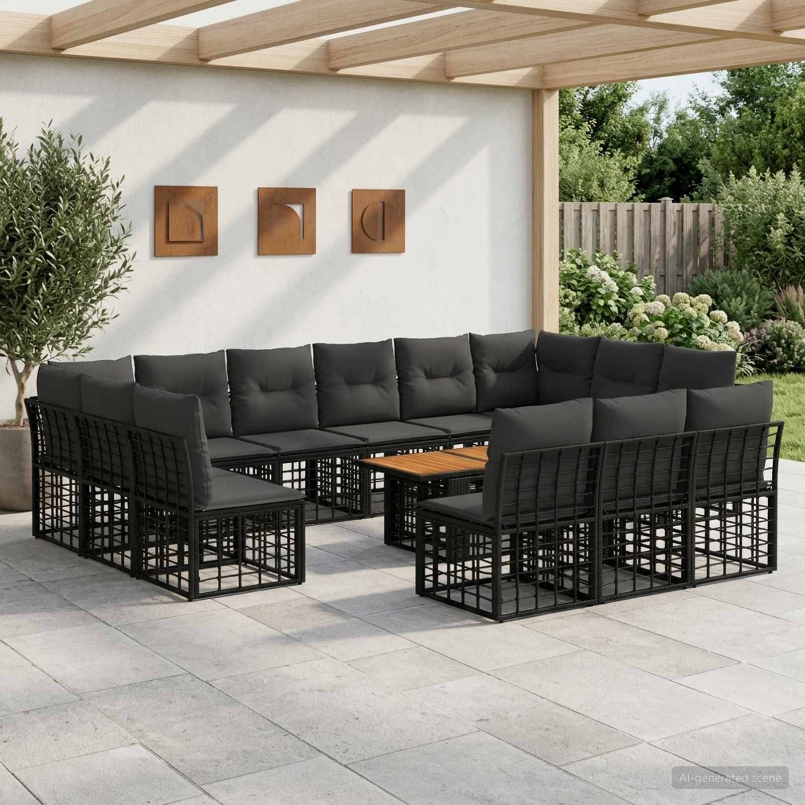 Outdoor-Sitzbereich mit schwarzen gepolsterten Ecksofa-Garnituren um einen kleinen Tisch unter einer Pergola, in einem angelegten Hinterhof.