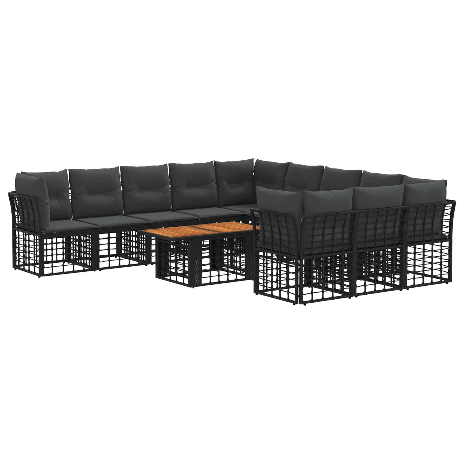 Schwarze Outdoor-Ecksofa-Garnitur mit gepolsterten Sitzplätzen und einem kleinen zentralen Couchtisch, dargestellt auf weißem Hintergrund.