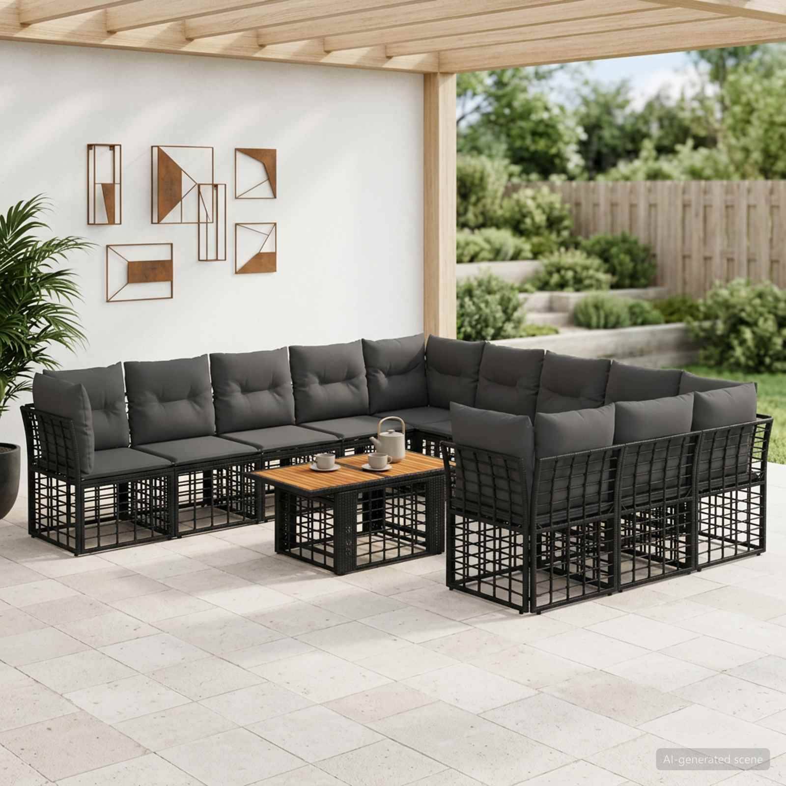 Outdoor-Sitzgruppe mit dunkelgrauen Ecksofa-Modulen und Couchtisch unter einer Pergola, gezeigt in einem modernen Hinterhof.