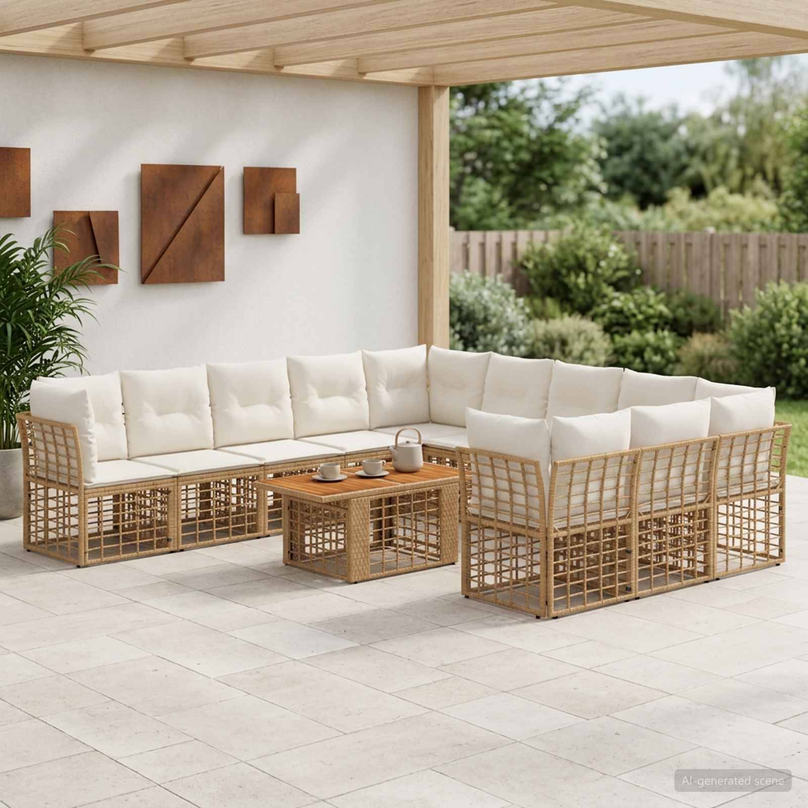 Terrassenbereich mit einem L-förmigen Rattan-Ecksofa, passendem Couchtisch und cremefarbenen Kissen unter einer hölzernen Pergola.