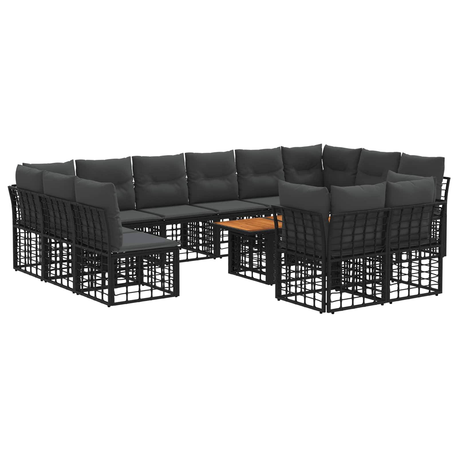 Modulares schwarzes Metall-Außen-Ecksofa-Set mit grauen Kissen und einem kleinen Couchtisch mit Holzplatte auf weißem Hintergrund.