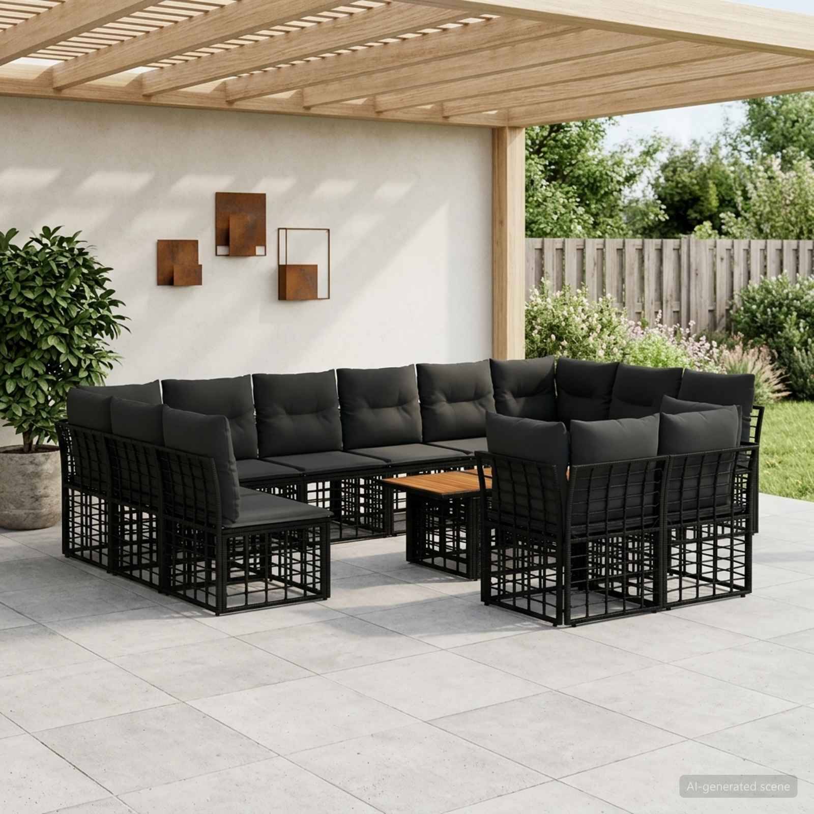 Schwarzes Außen-Ecksofa-Set, das um einen quadratischen Couchtisch auf einer überdachten Terrasse mit einer Holzpergola und Gartenhintergrund angeordnet ist.