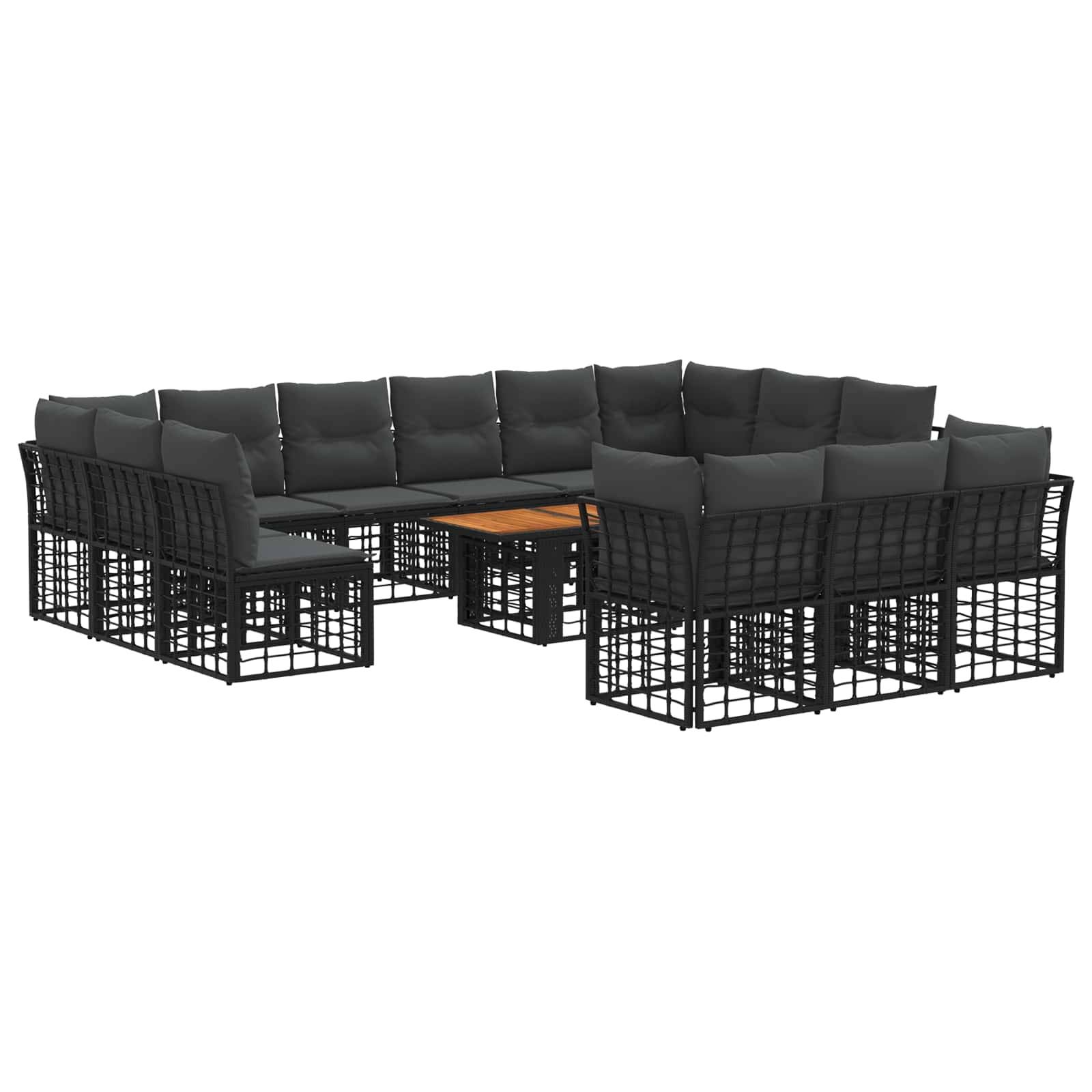 Schwarze Outdoor-Ecksofa-Garnitur mit gepolsterten Sitzen, gewebtem Rahmen und passendem Couchtisch auf weißem Hintergrund.